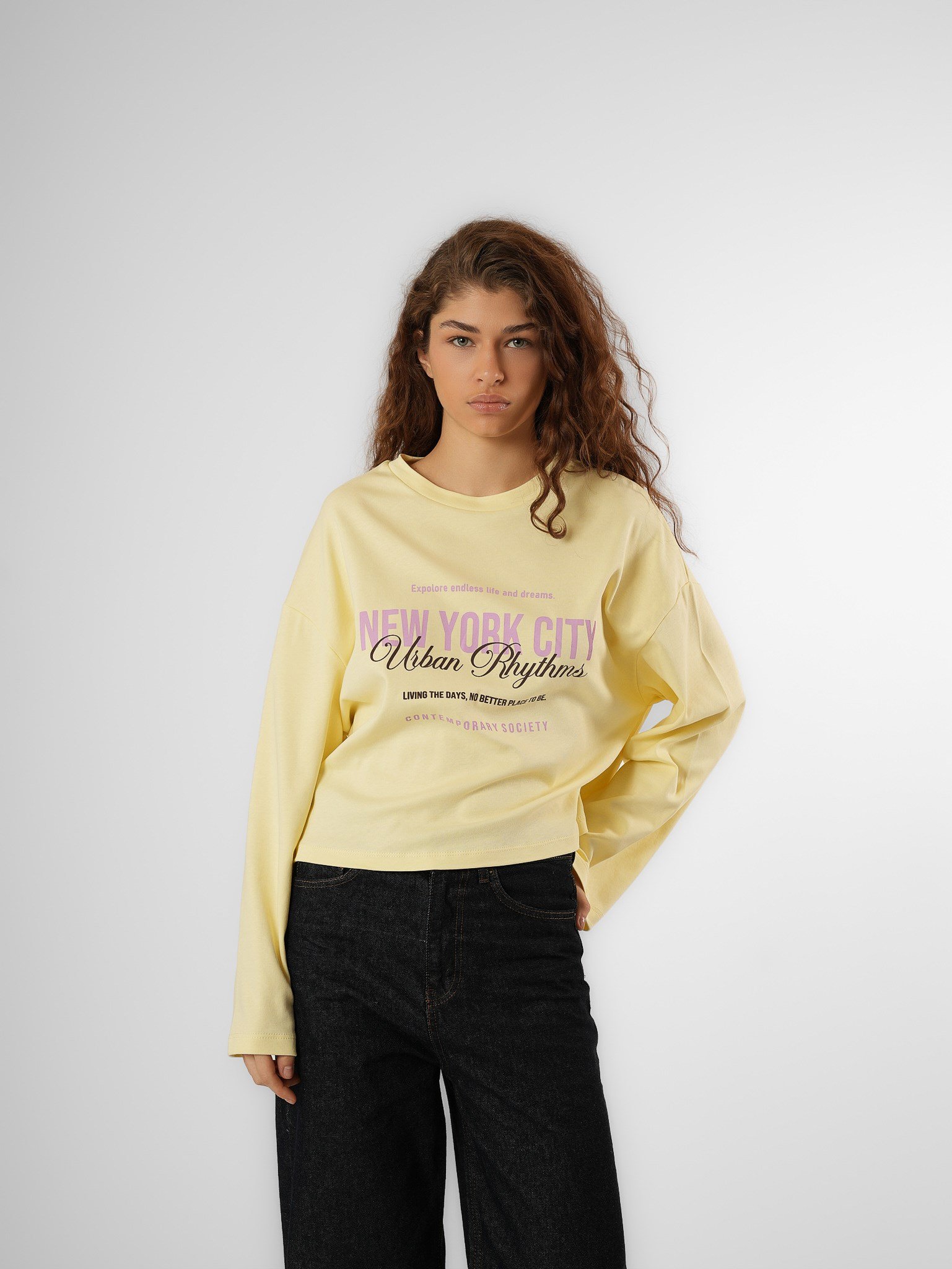 Baskılı Uzun Kol T-shirt Sarı