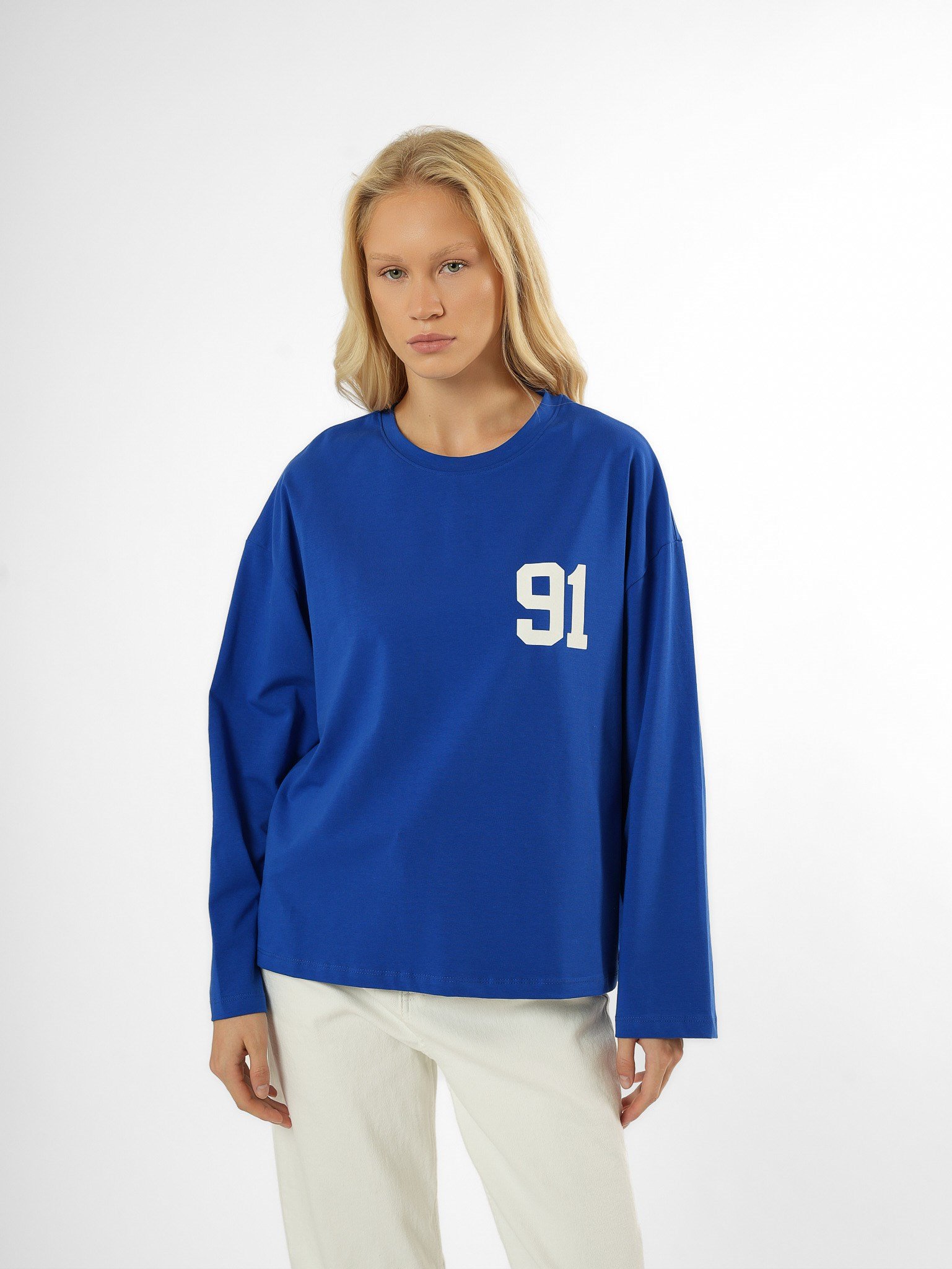 Baskılı Uzun Kol T-shirt Sax Mavi