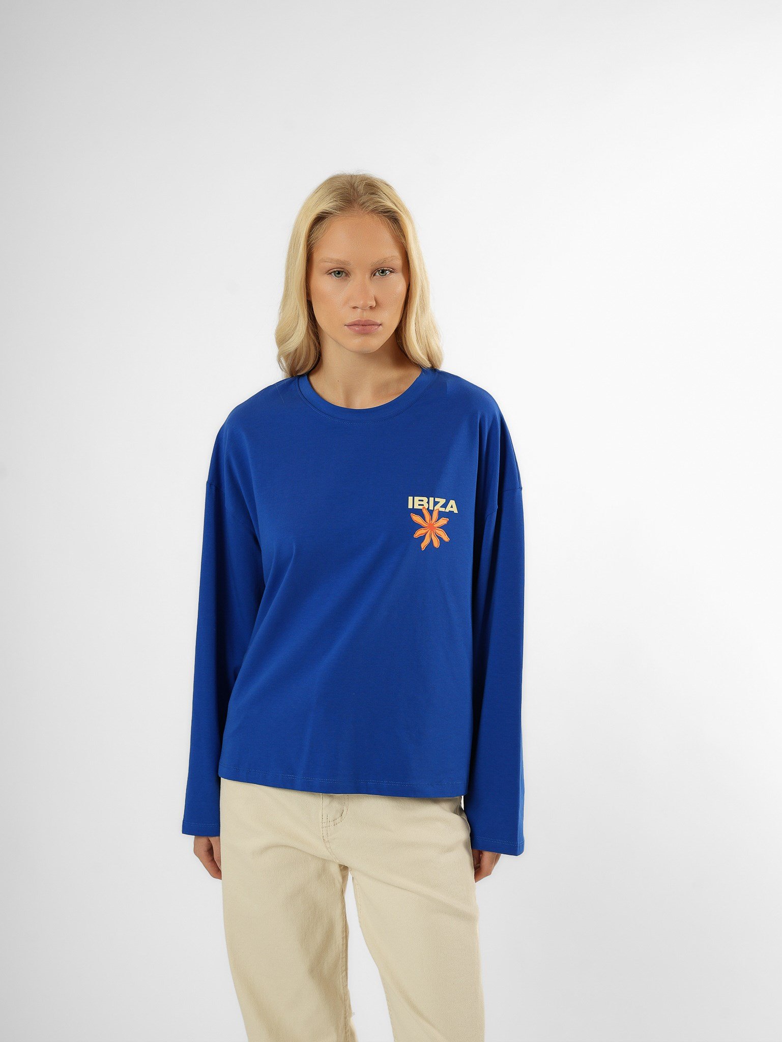 Baskılı Uzun Kol T-shirt Sax Mavi
