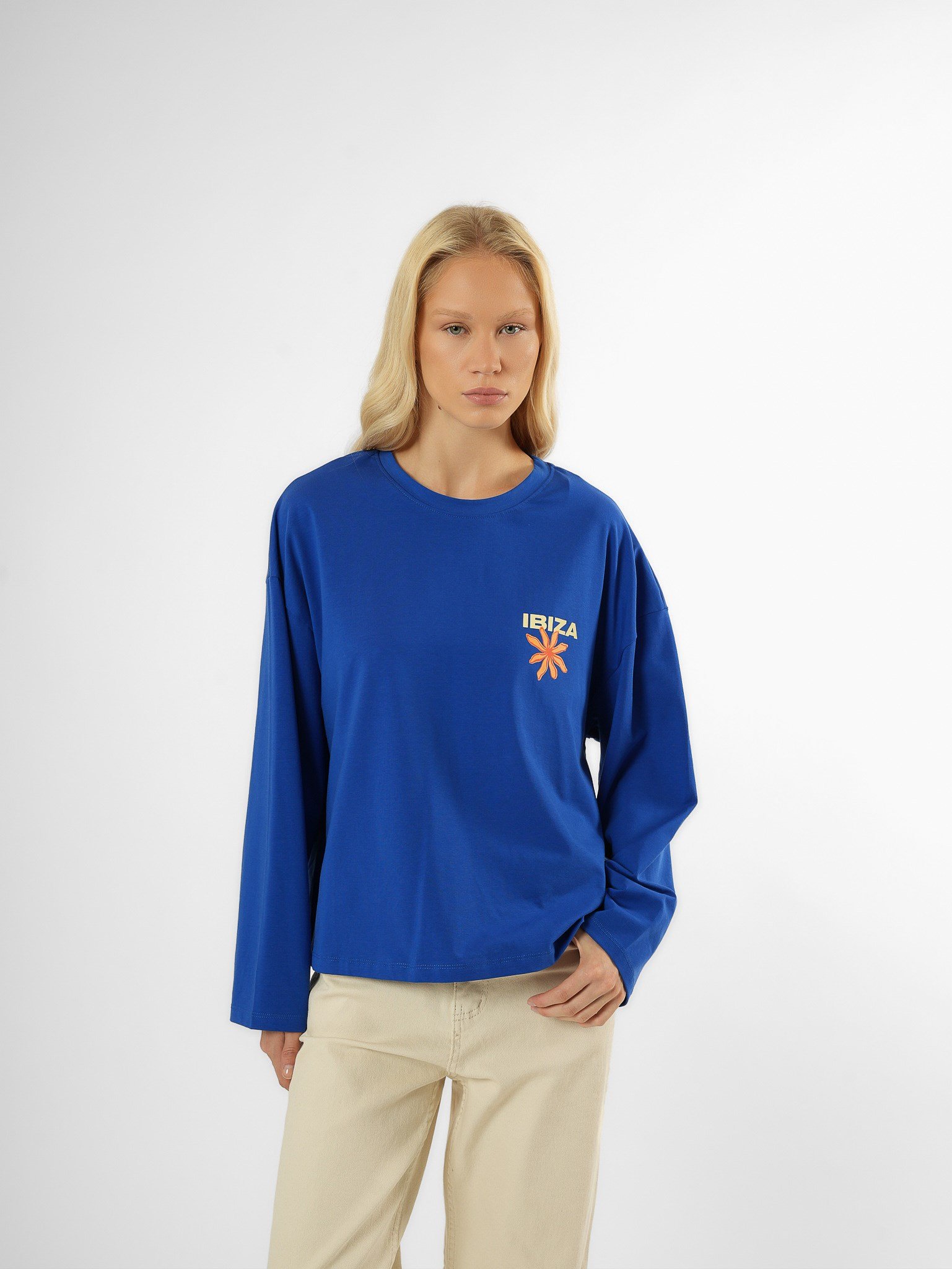 Baskılı Uzun Kol T-shirt Sax Mavi