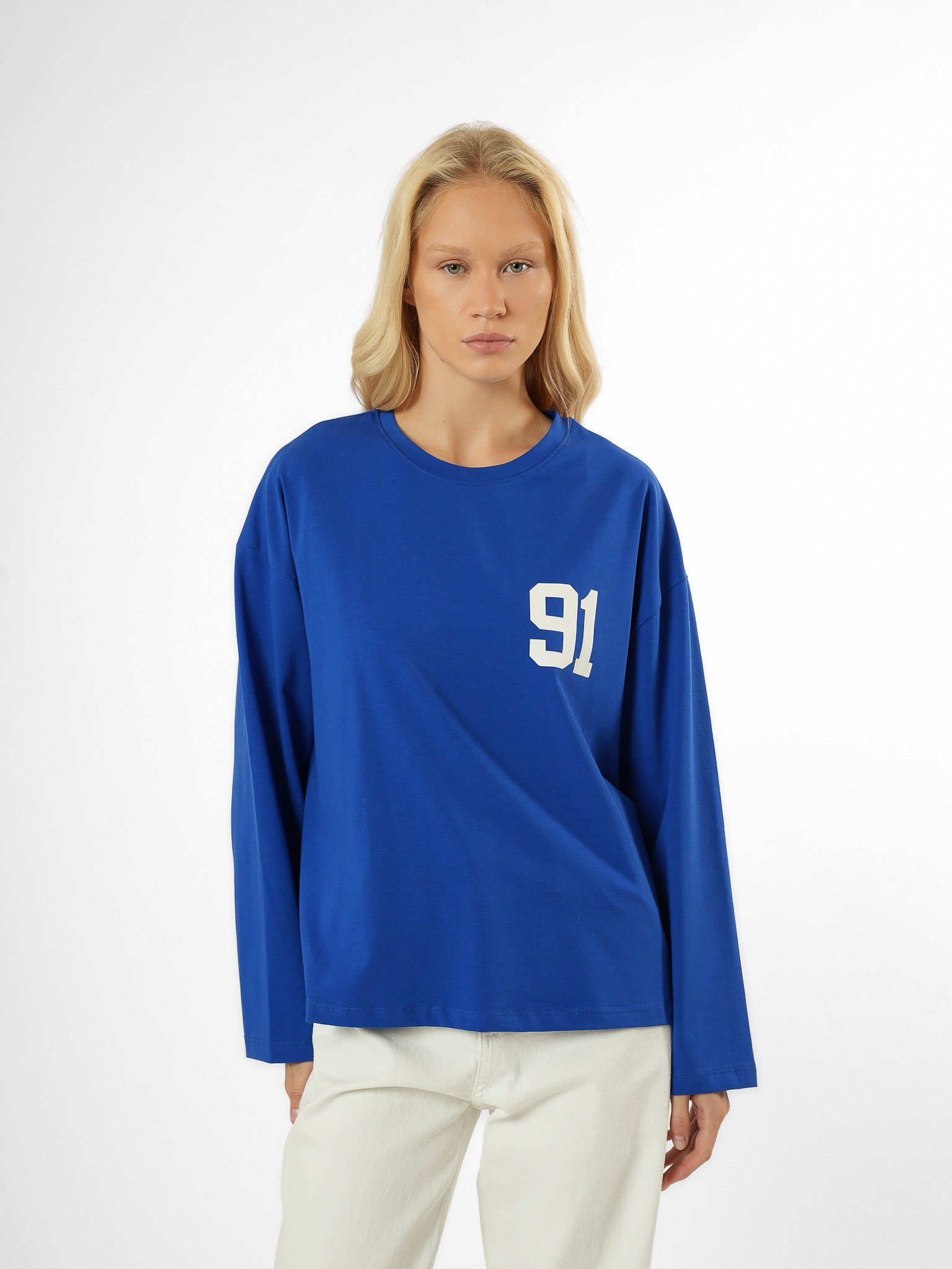Baskılı Uzun Kol T-shirt Sax Mavi