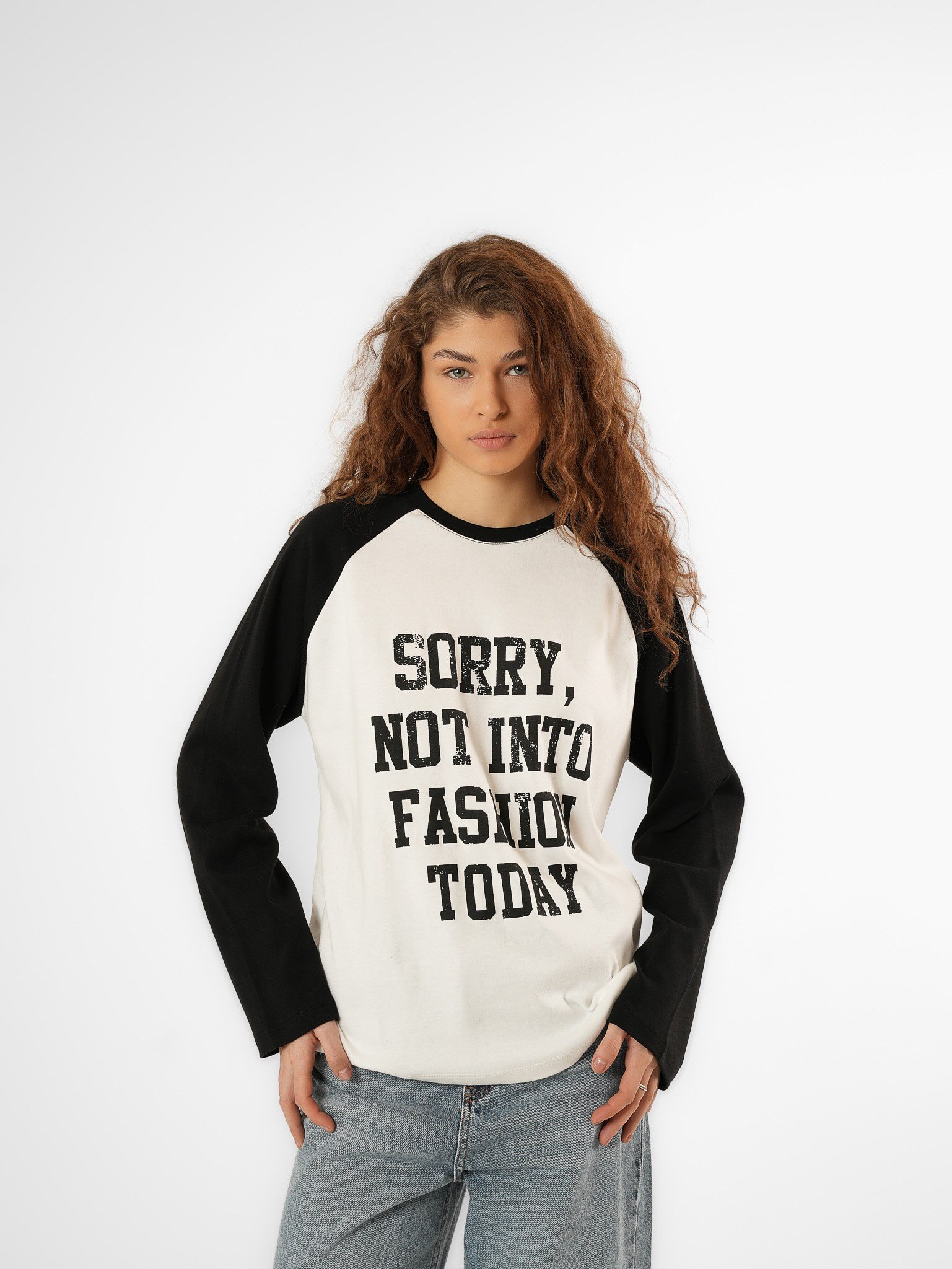 Baskılı Uzun Kol T-shirt Siyah-Ekru