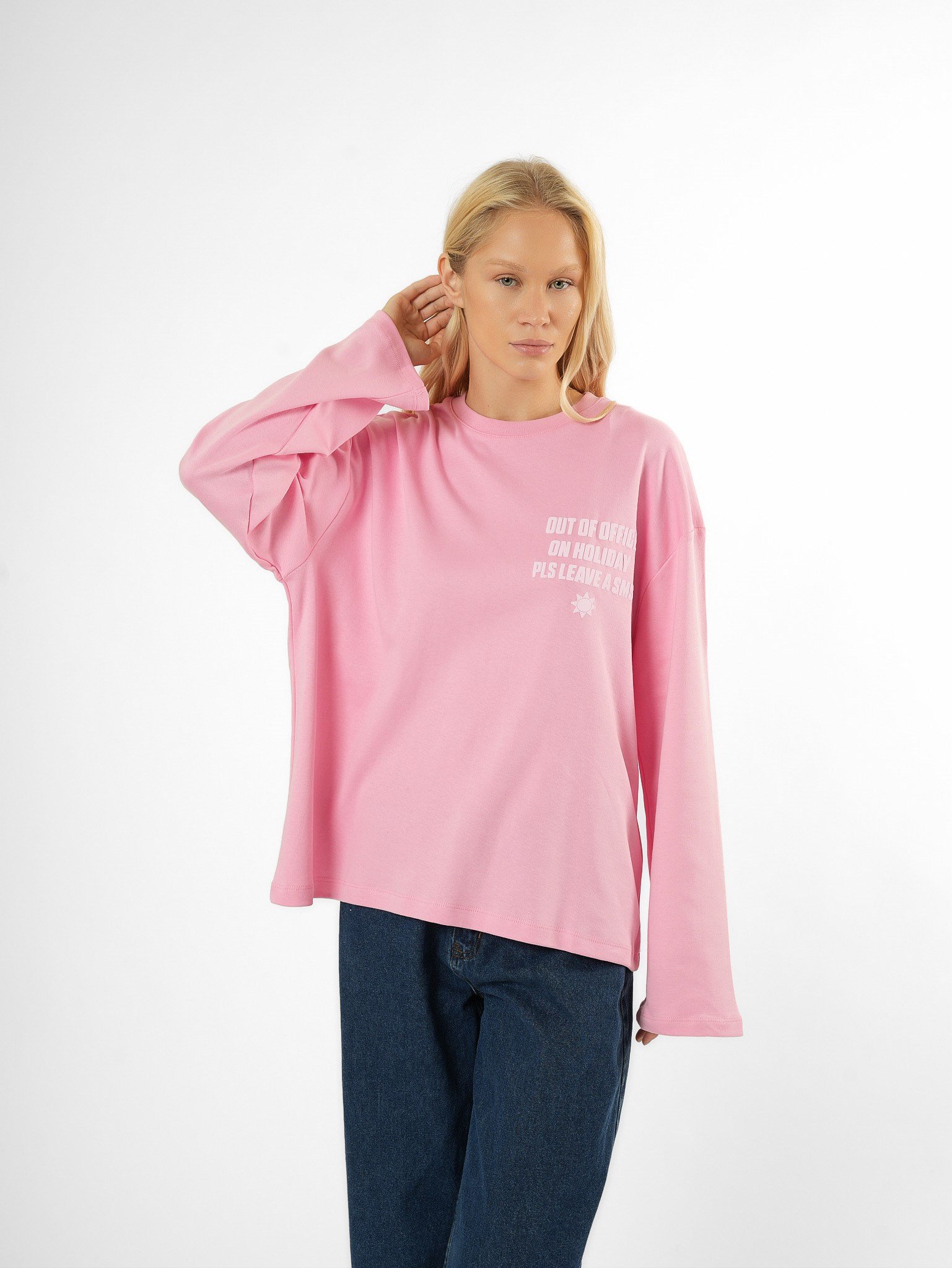 Baskılı Uzun Kol T-shirt Toz Pembe