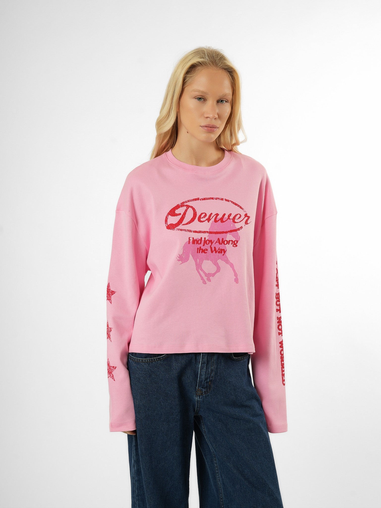 Baskılı Uzun Kol T-shirt Toz Pembe