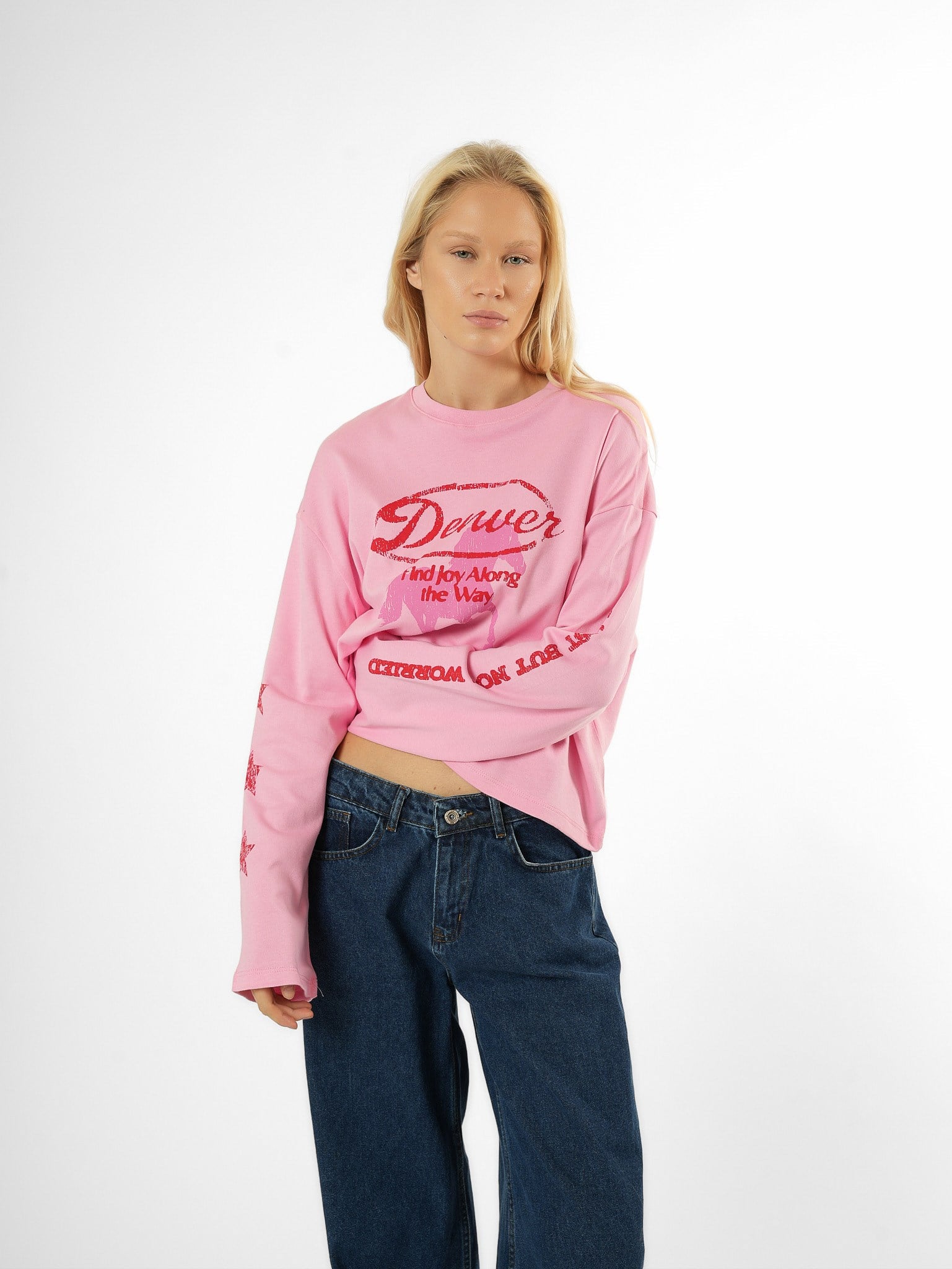 Baskılı Uzun Kol T-shirt Toz Pembe