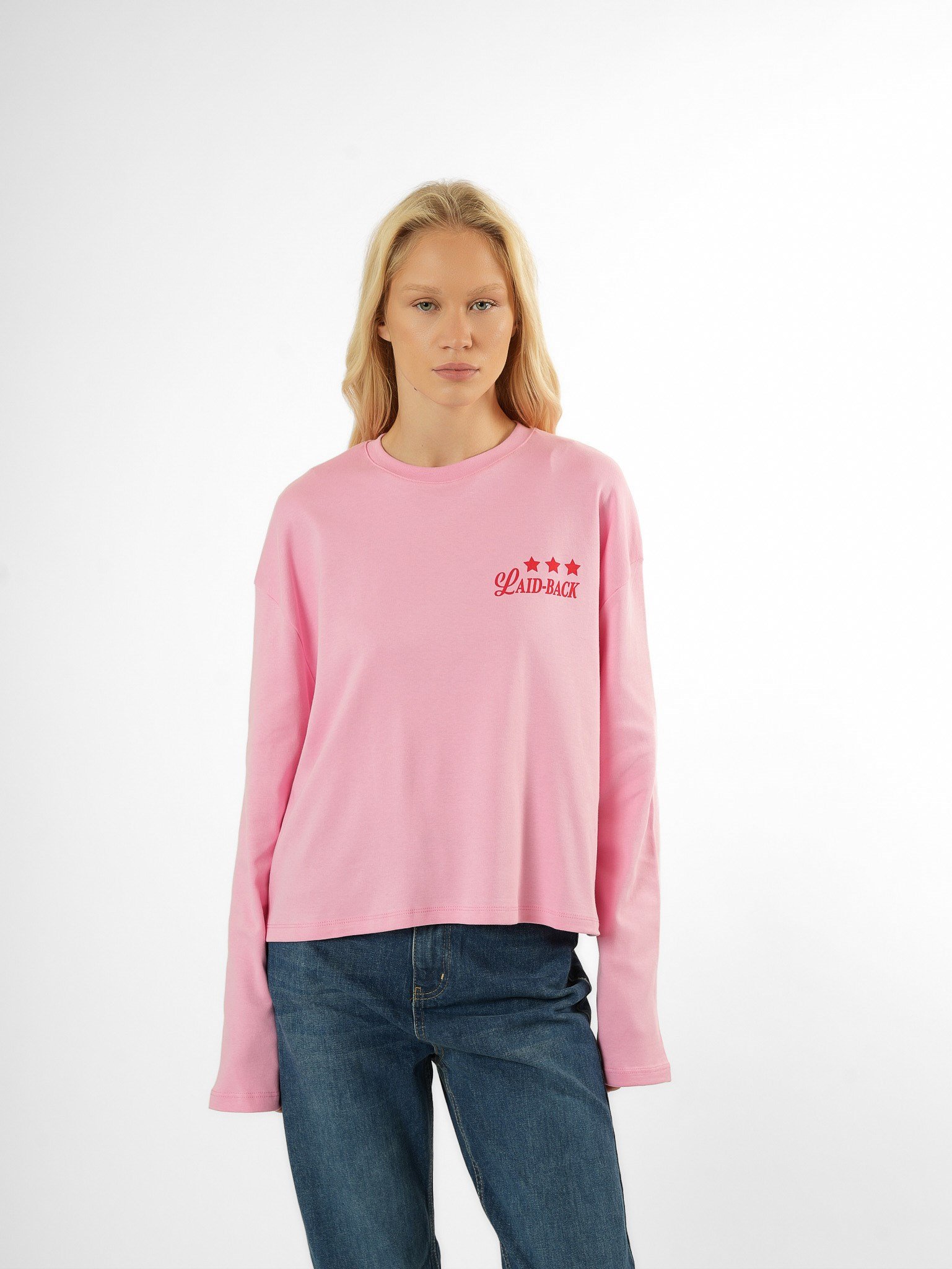 Baskılı Uzun Kol T-shirt Toz Pembe
