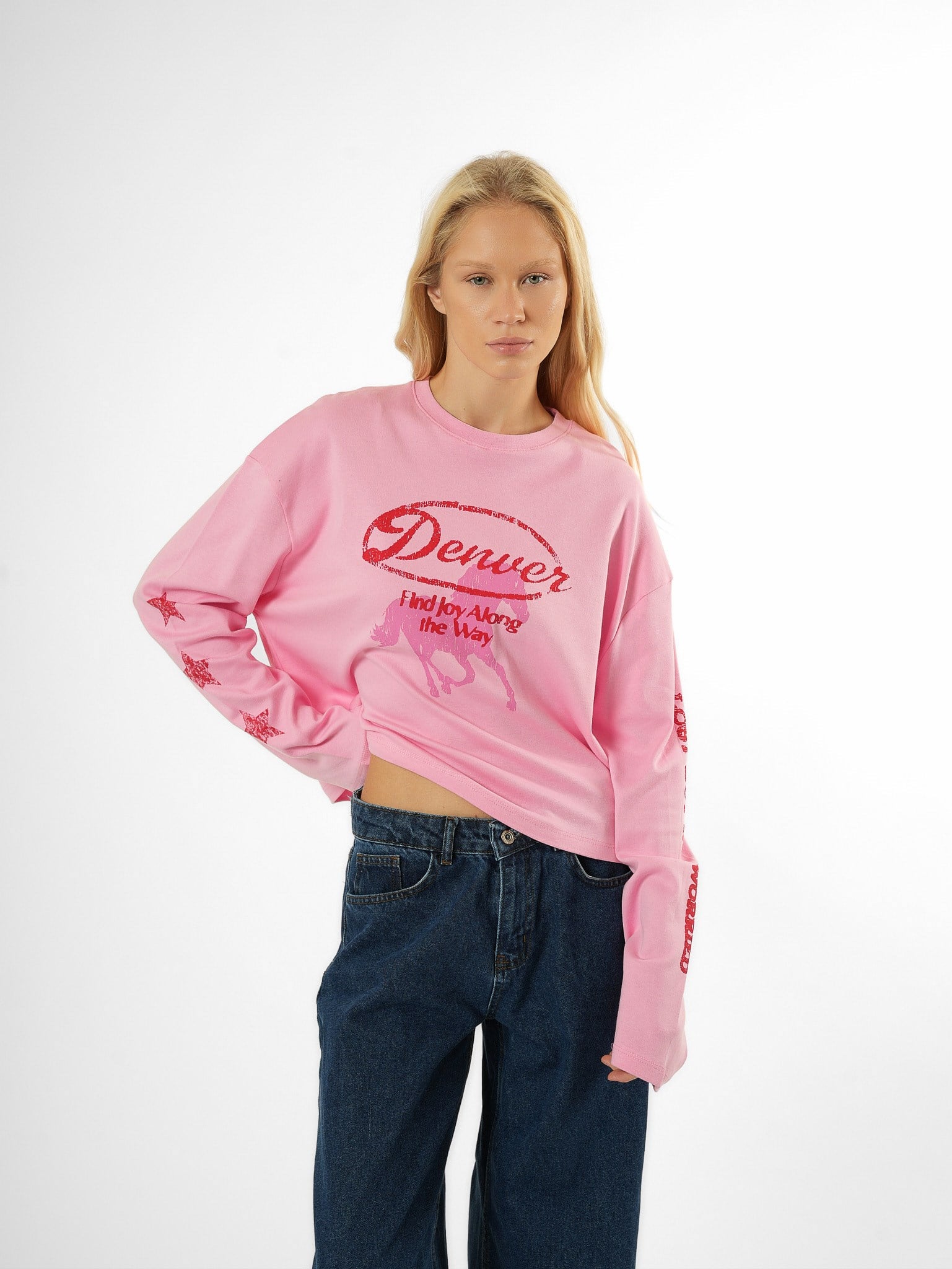 Baskılı Uzun Kol T-shirt Toz Pembe