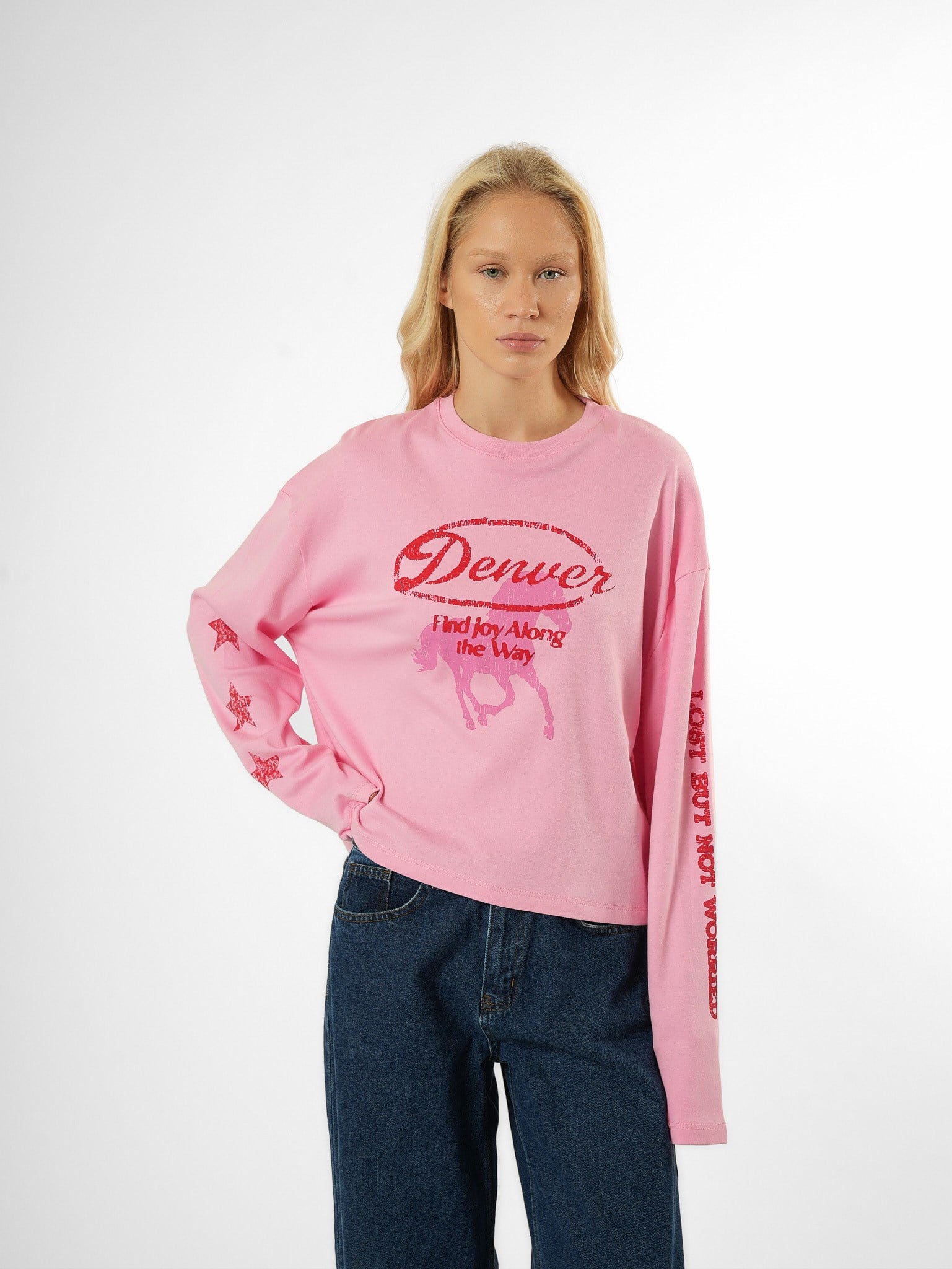 Baskılı Uzun Kol T-shirt Toz Pembe