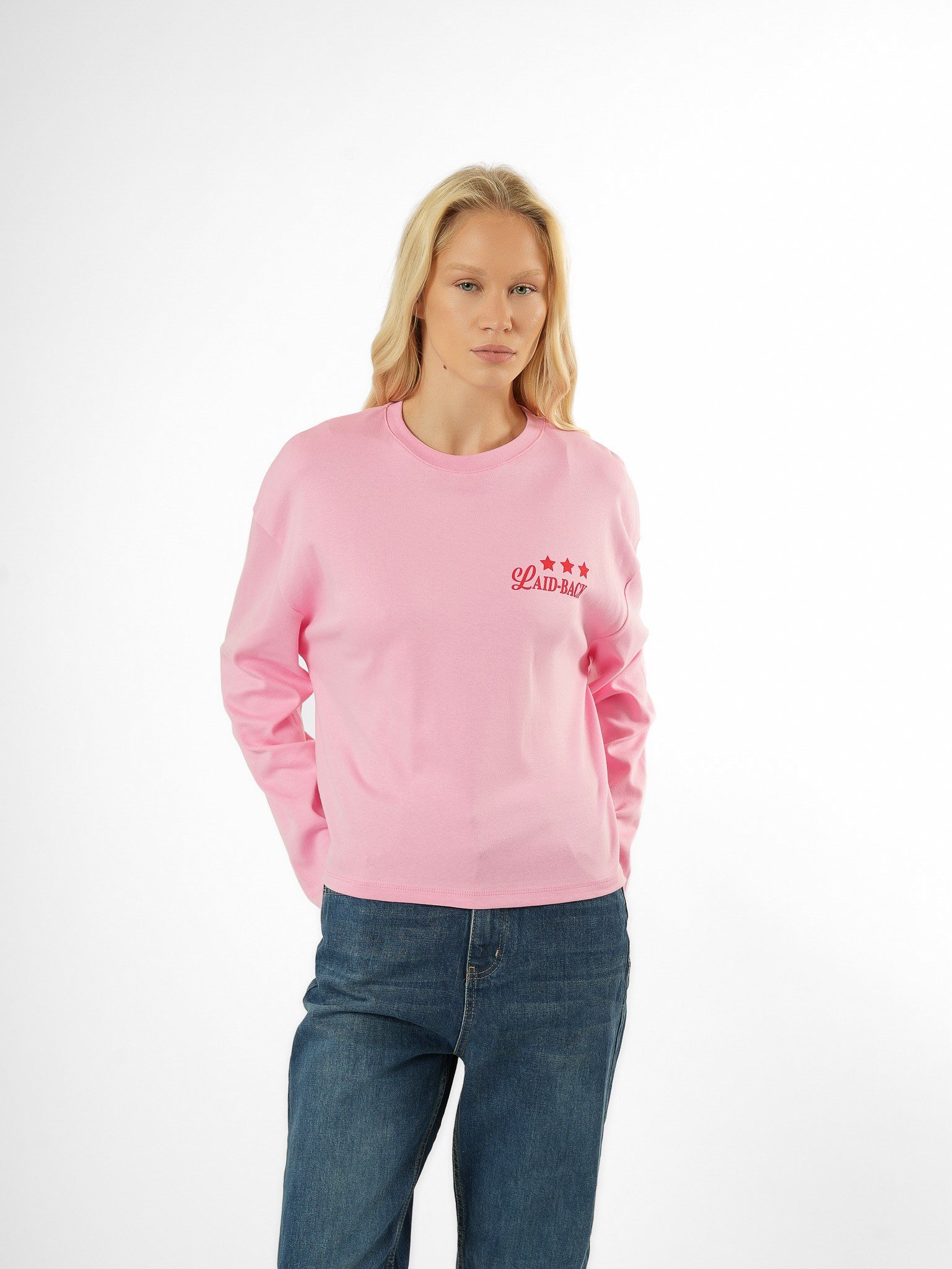 Baskılı Uzun Kol T-shirt Toz Pembe