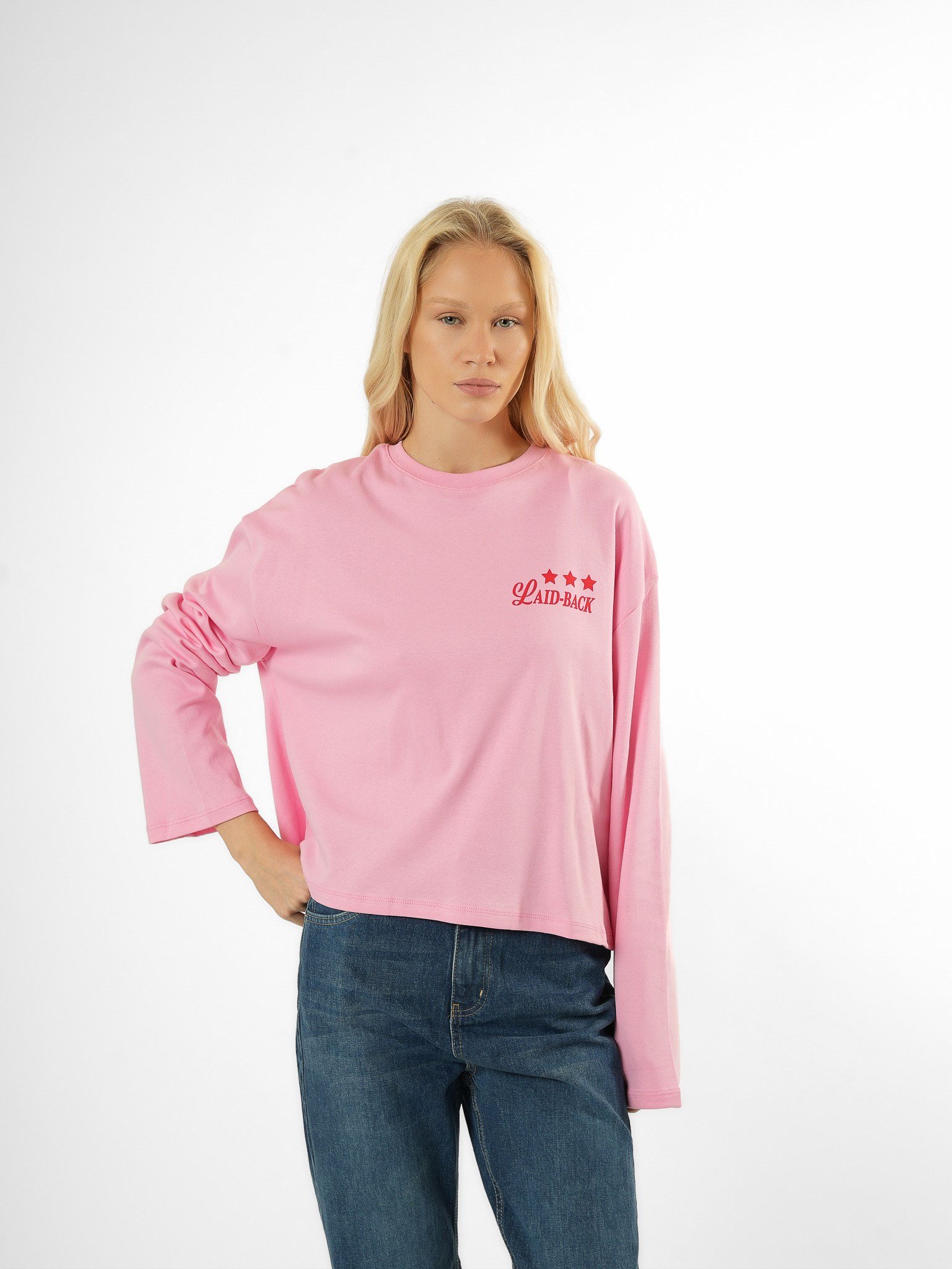 Baskılı Uzun Kol T-shirt Toz Pembe