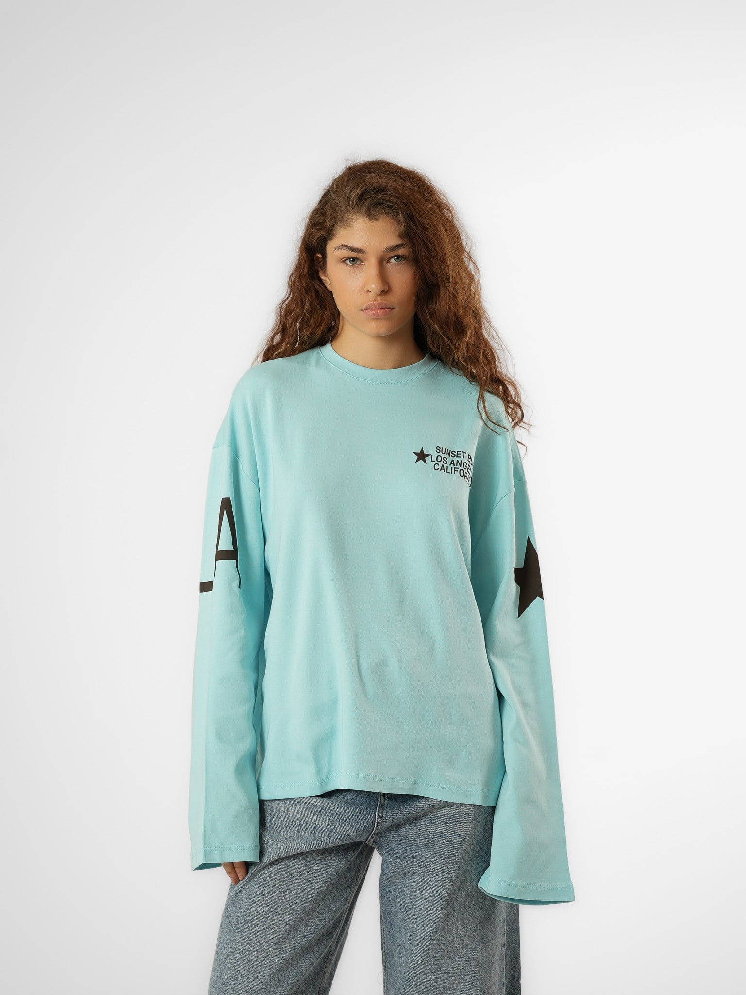 Baskılı Uzun Kol T-shirt Turkuaz