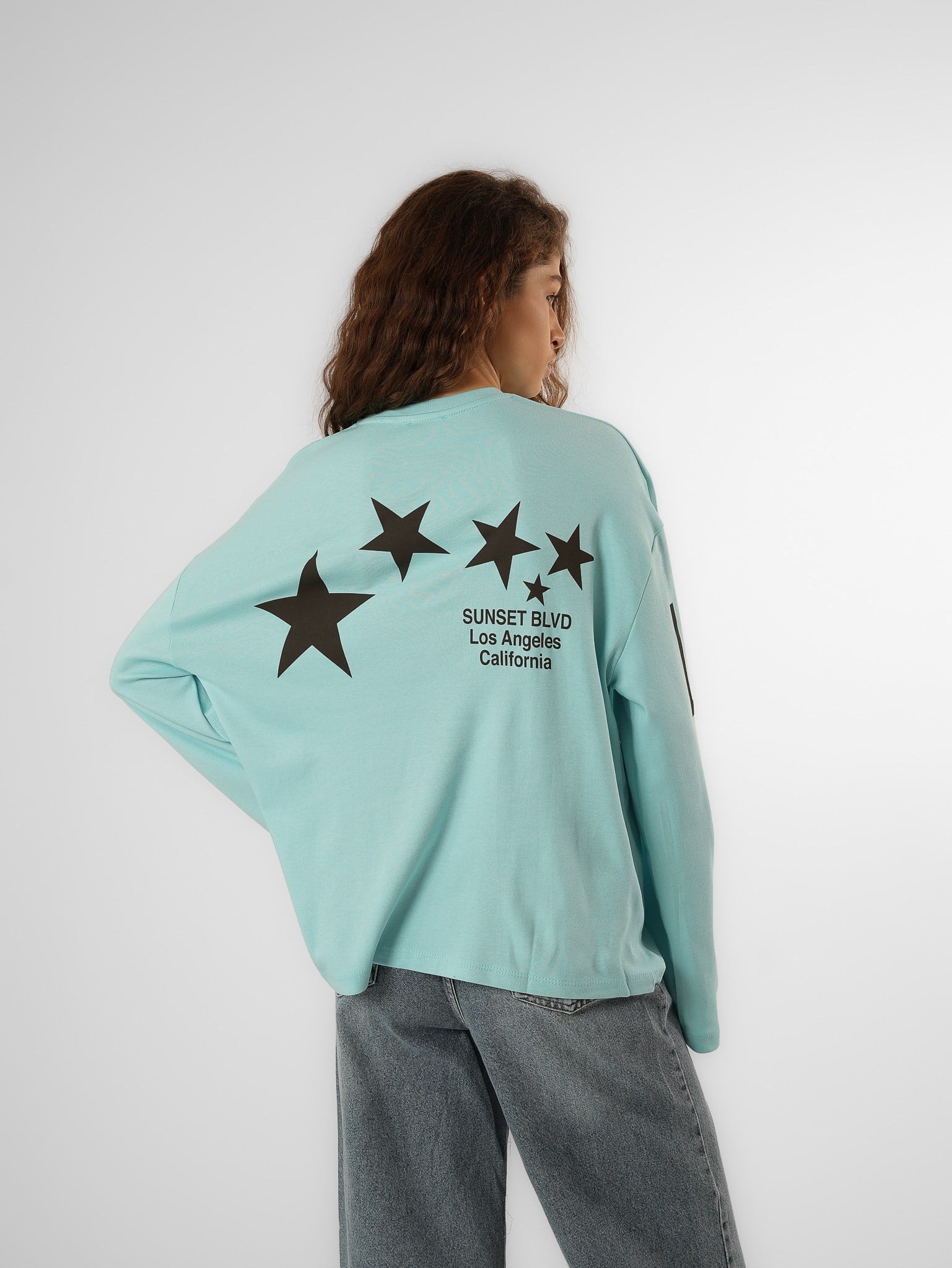 Baskılı Uzun Kol T-shirt Turkuaz