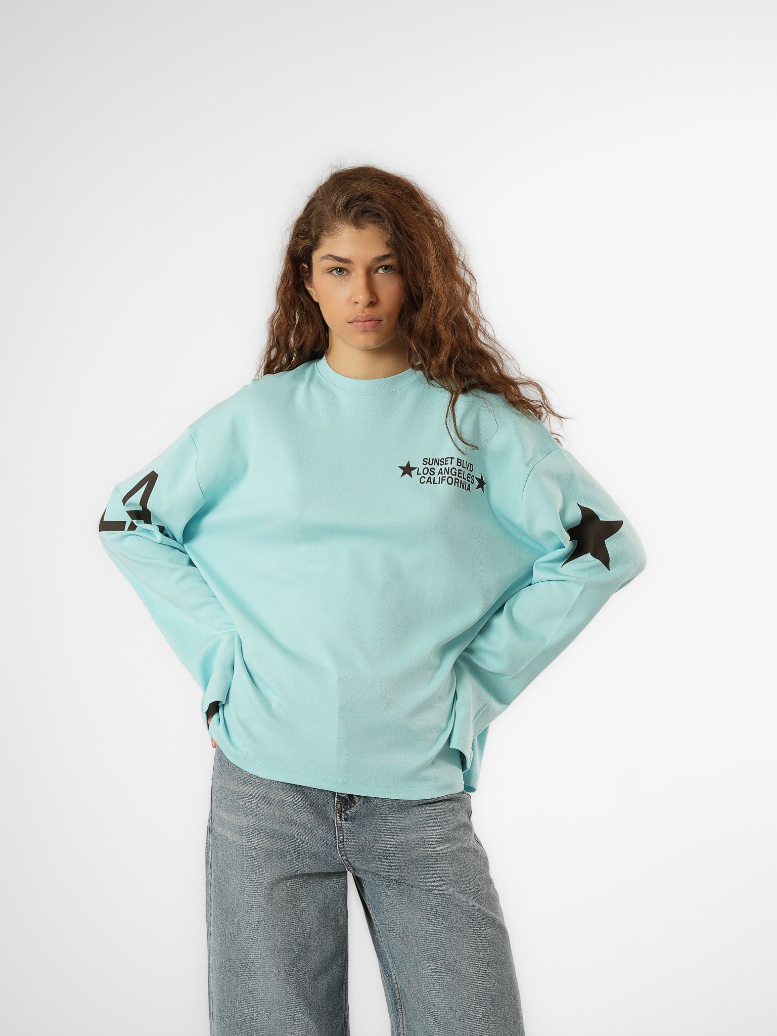Baskılı Uzun Kol T-shirt Turkuaz