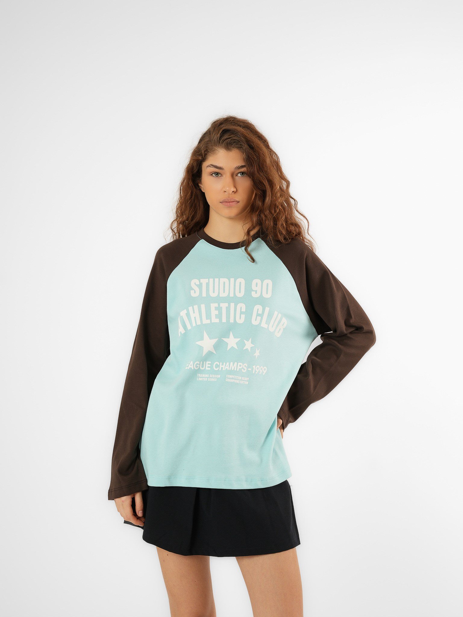 Baskılı Uzun Kol T-shirt Turkuaz-Kahve