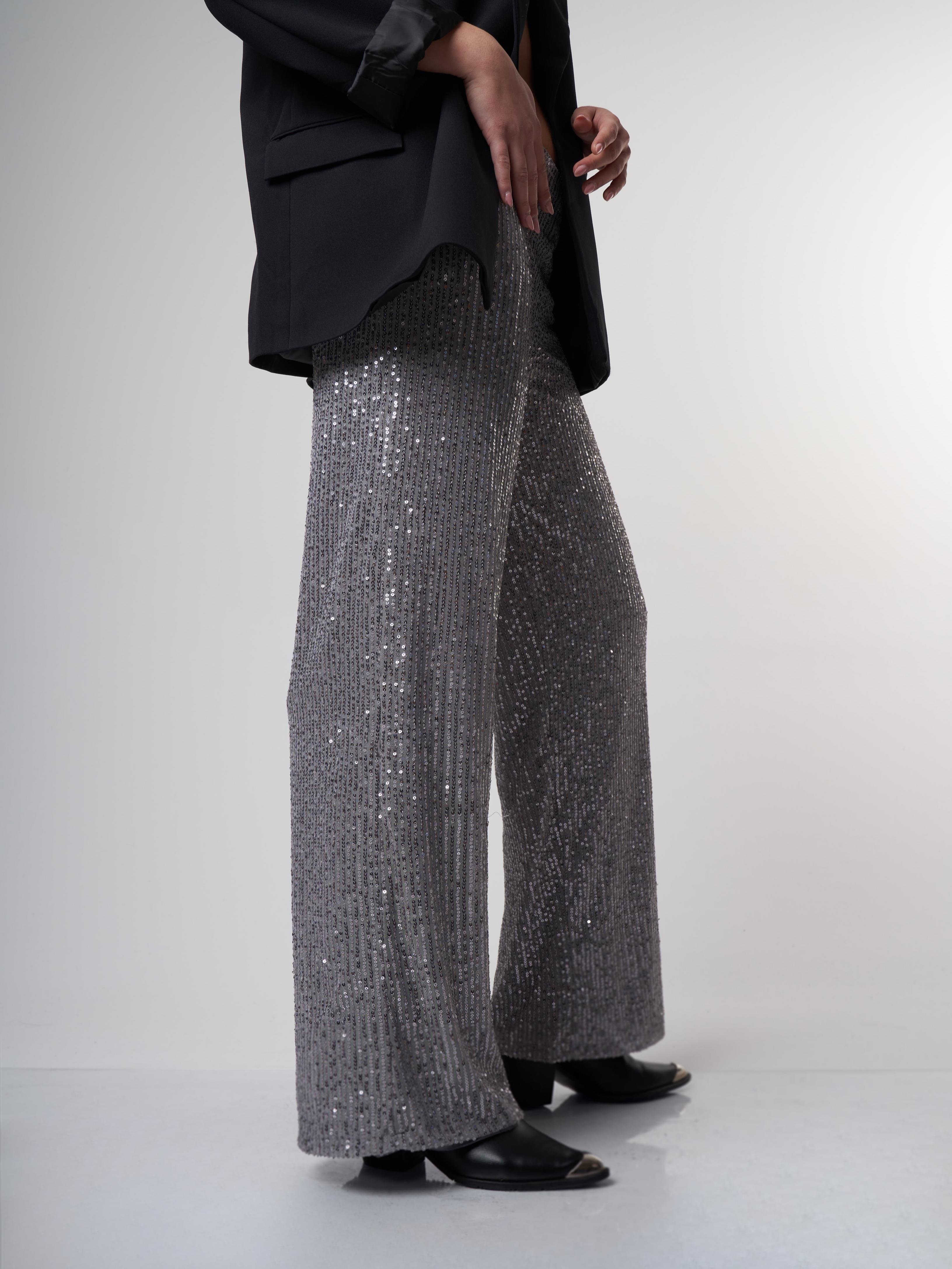 Bel İçi Lastik Pullu Bol Paça Pantolon Gri