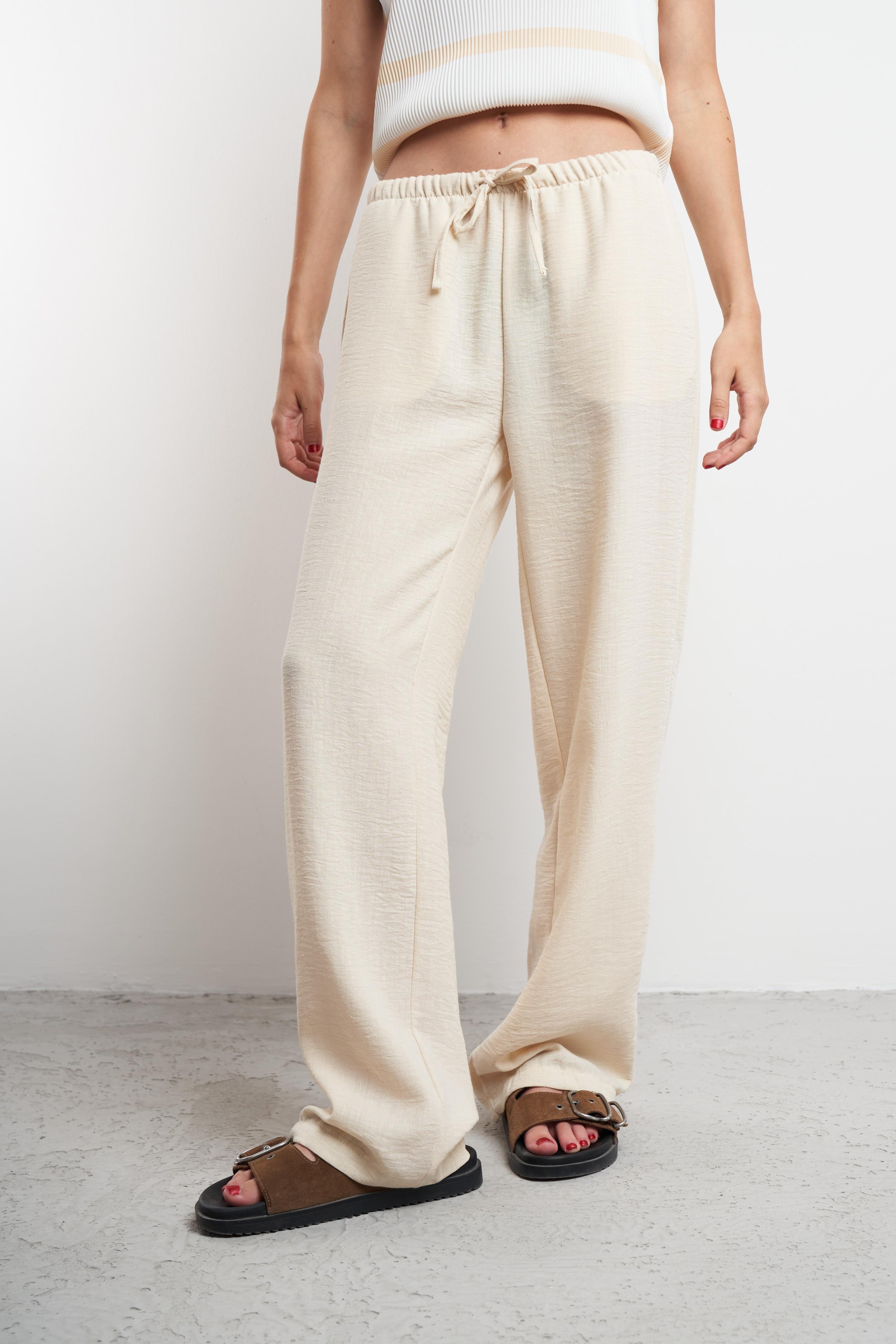 Bel Lastik Ayrobin Bol Paça Pantolon Krem