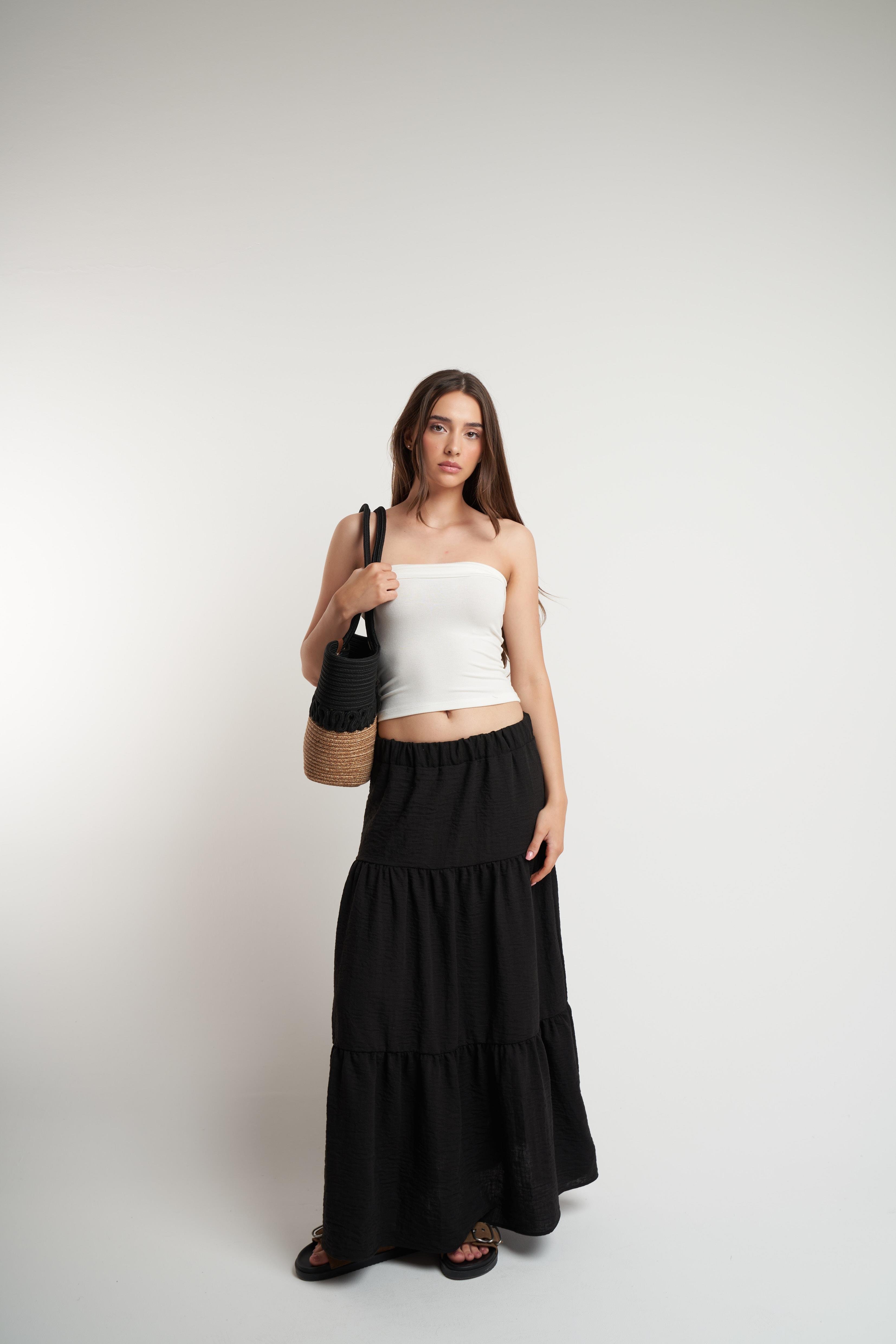 Bel Lastik Ayrobin Uzun Etek Siyah