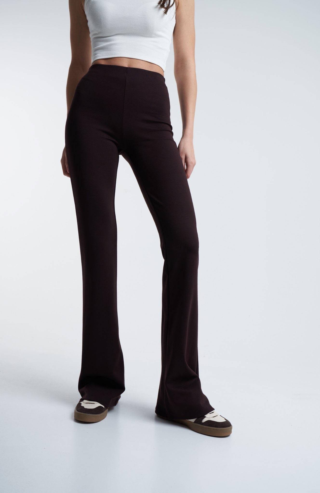 Bel Lastik Çelikli Kumaş İspanyol Paça Pantolon Kahve