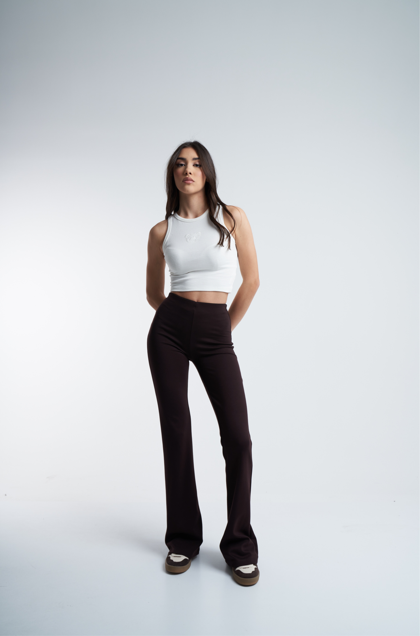 Bel Lastik Çelikli Kumaş İspanyol Paça Pantolon Kahve