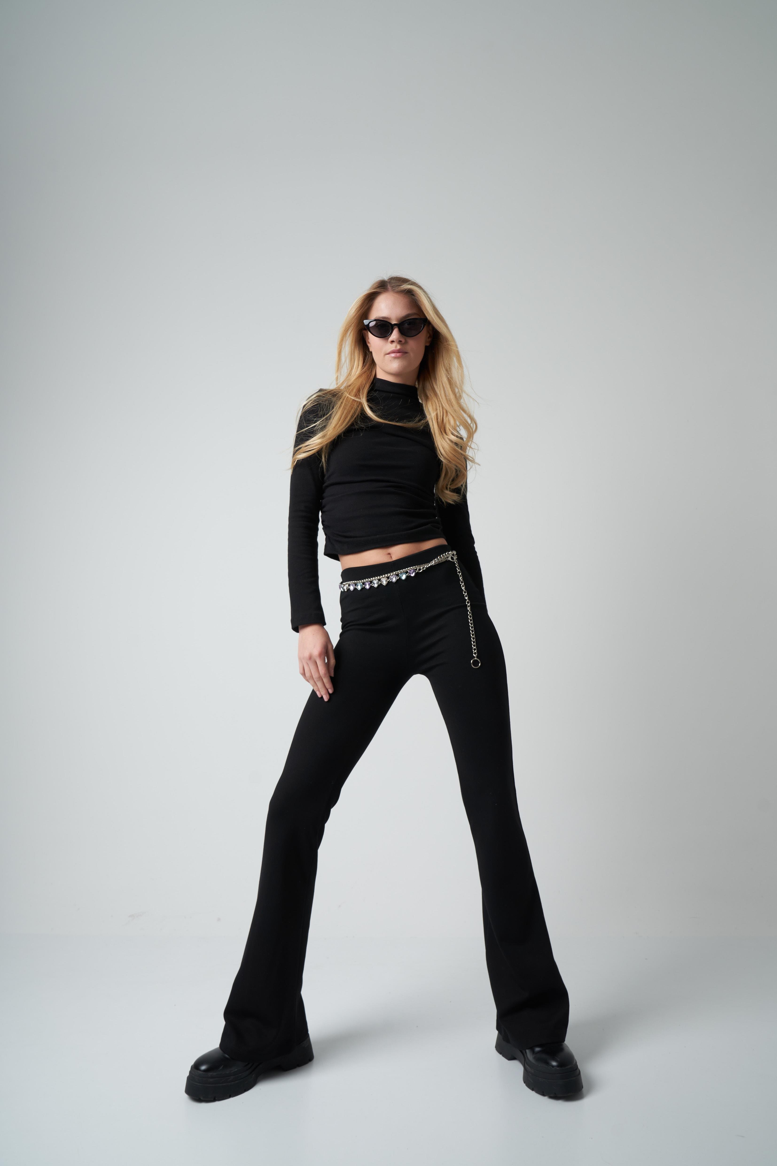 Bel Lastik Çelikli Kumaş İspanyol Paça Pantolon