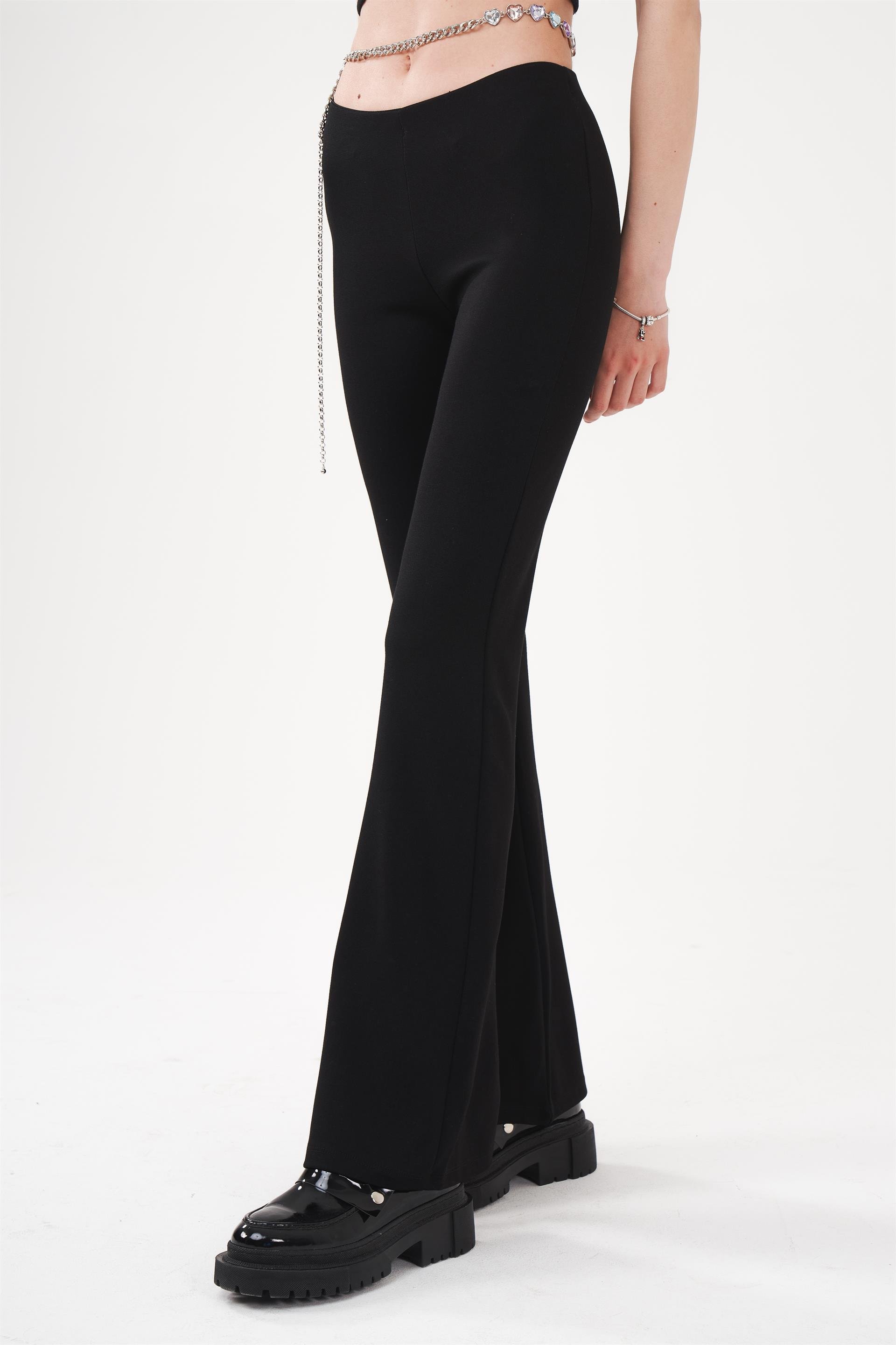 Bel Lastik Çelikli Kumaş İspanyol Paça Pantolon