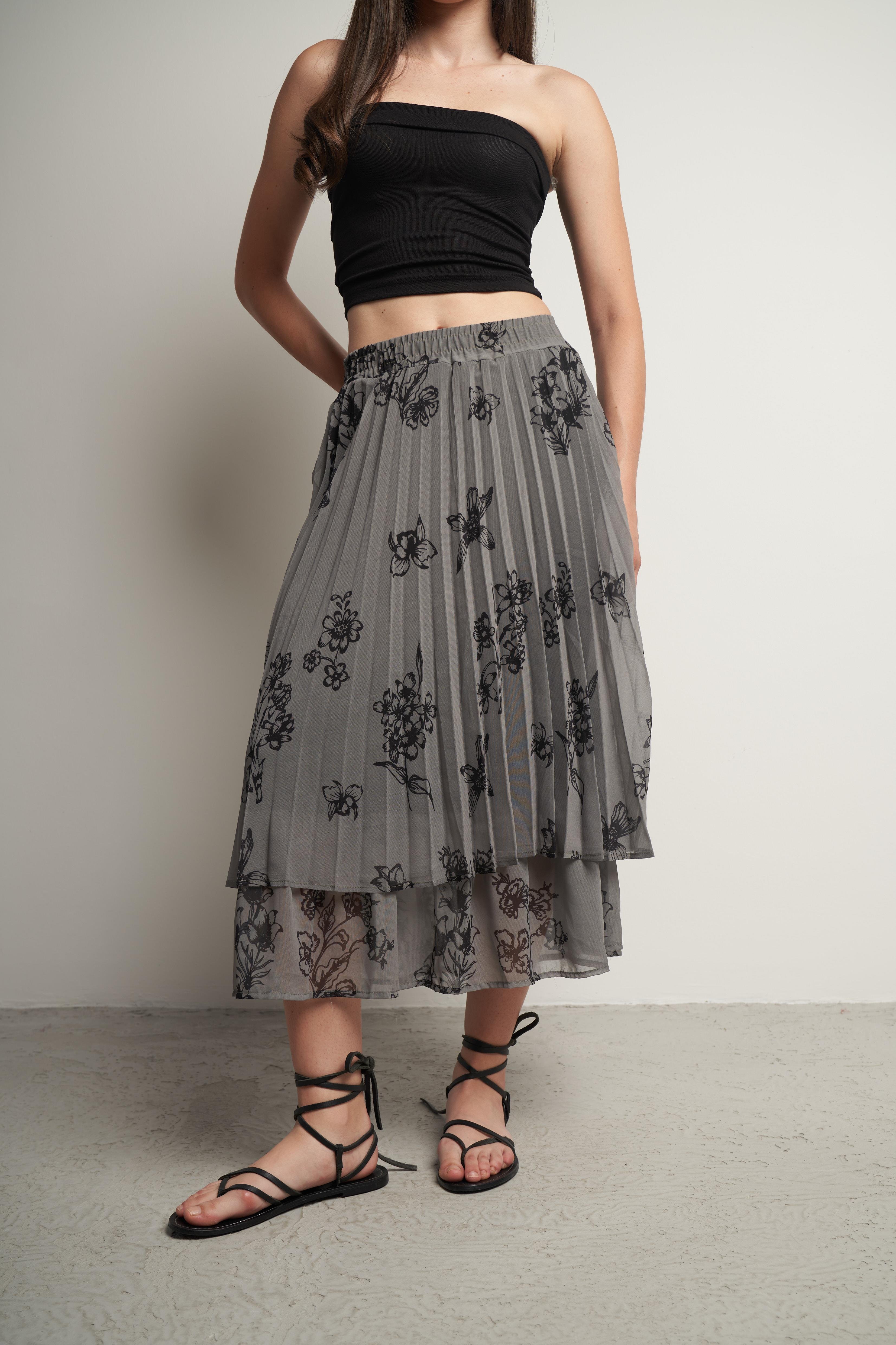 Bel Lastik Çift Katlı Desenli Uzun Etek Haki