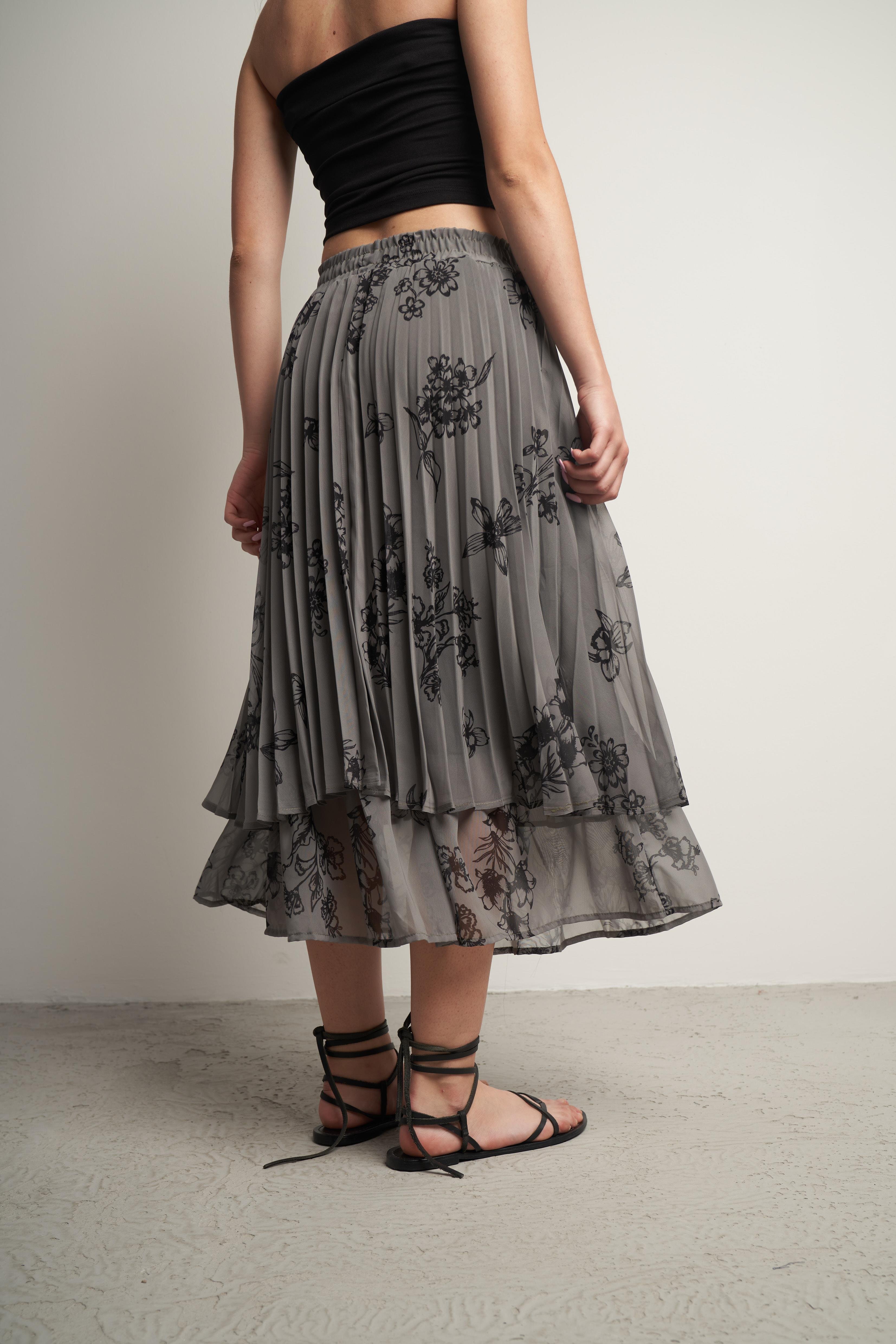 Bel Lastik Çift Katlı Desenli Uzun Etek Haki