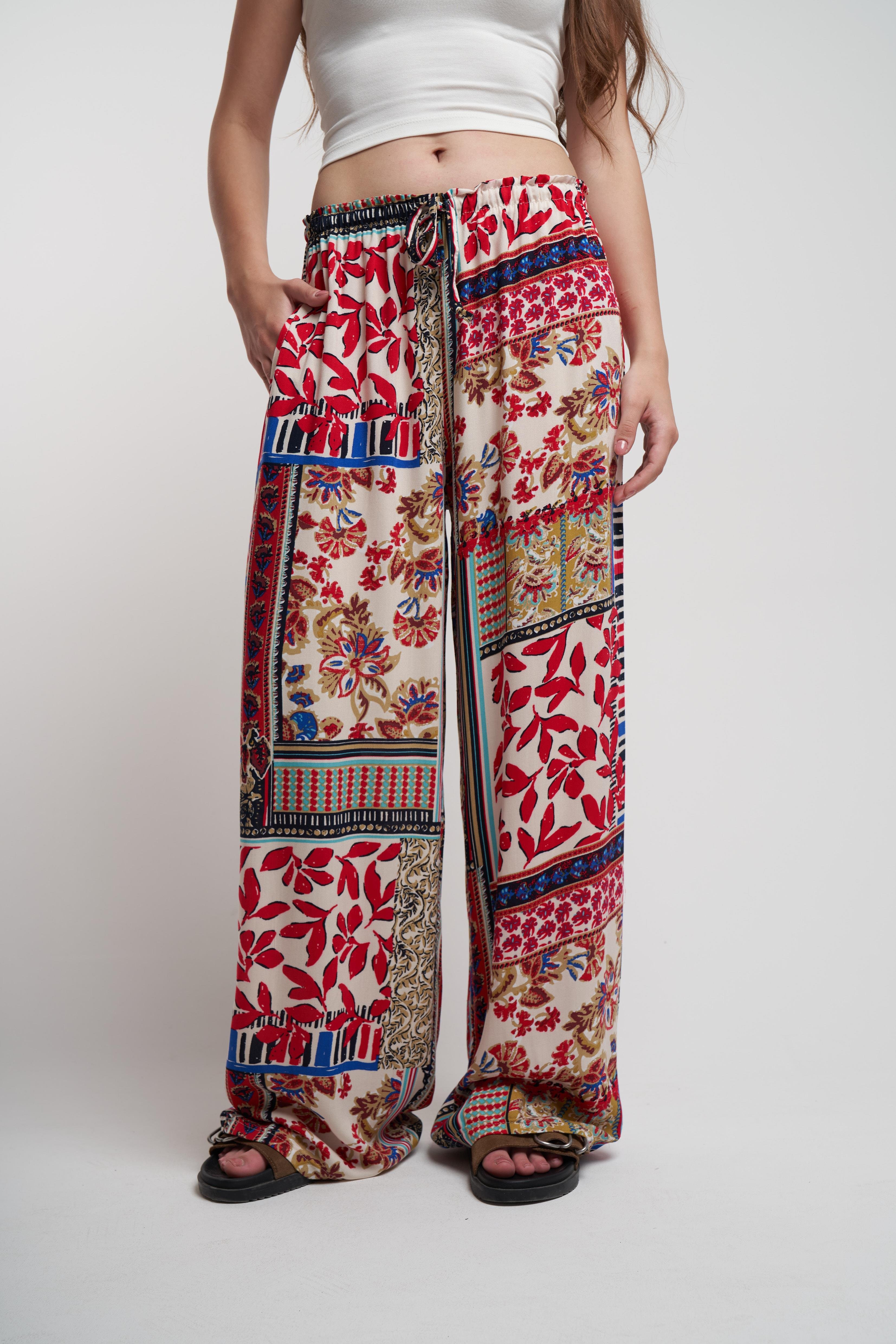 Bel Lastik Desenli Bol Paça Pantolon Kırmızı-Bej