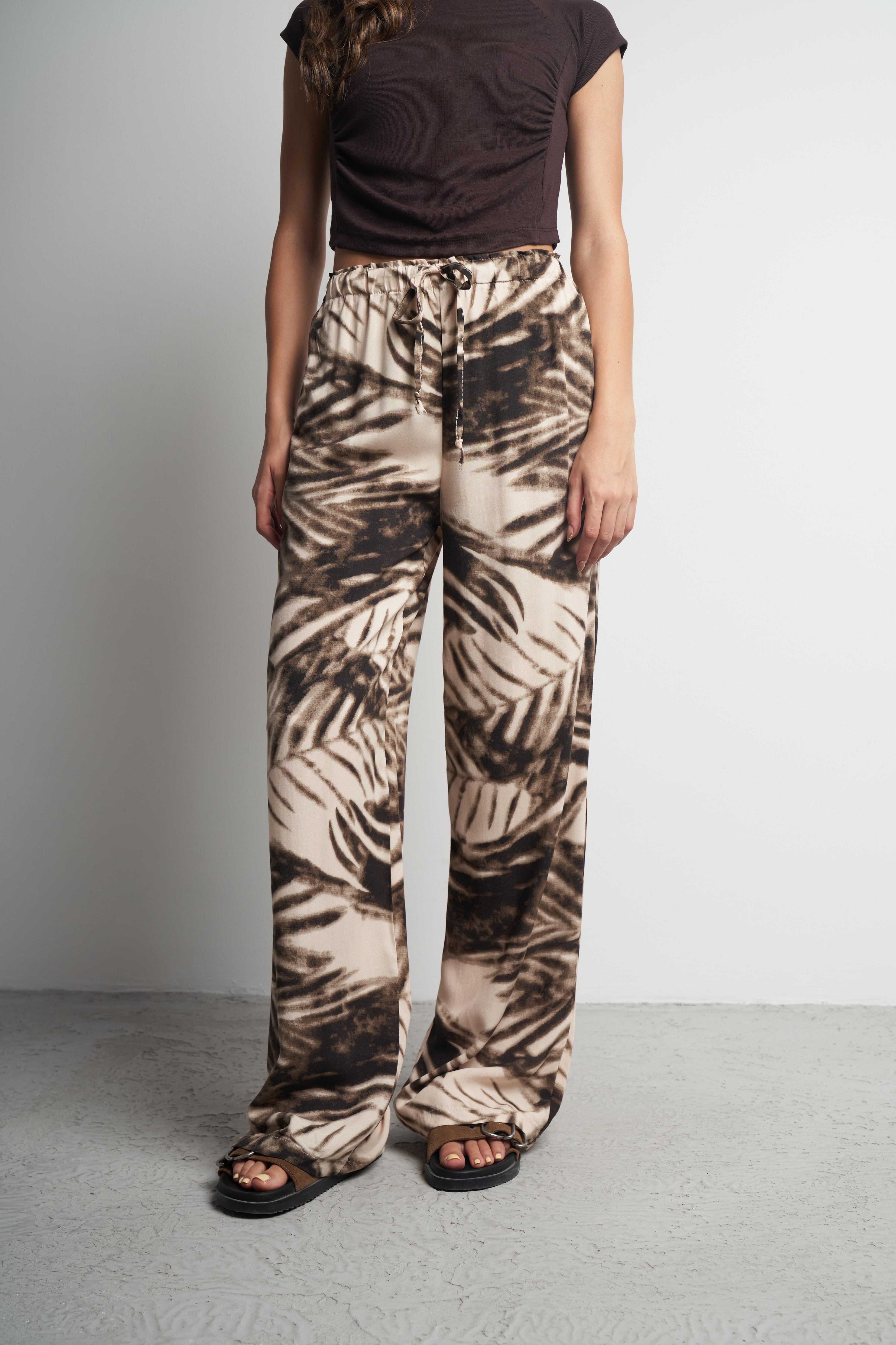 Bel Lastik Desenli Bol Paça Pantolon Kahve