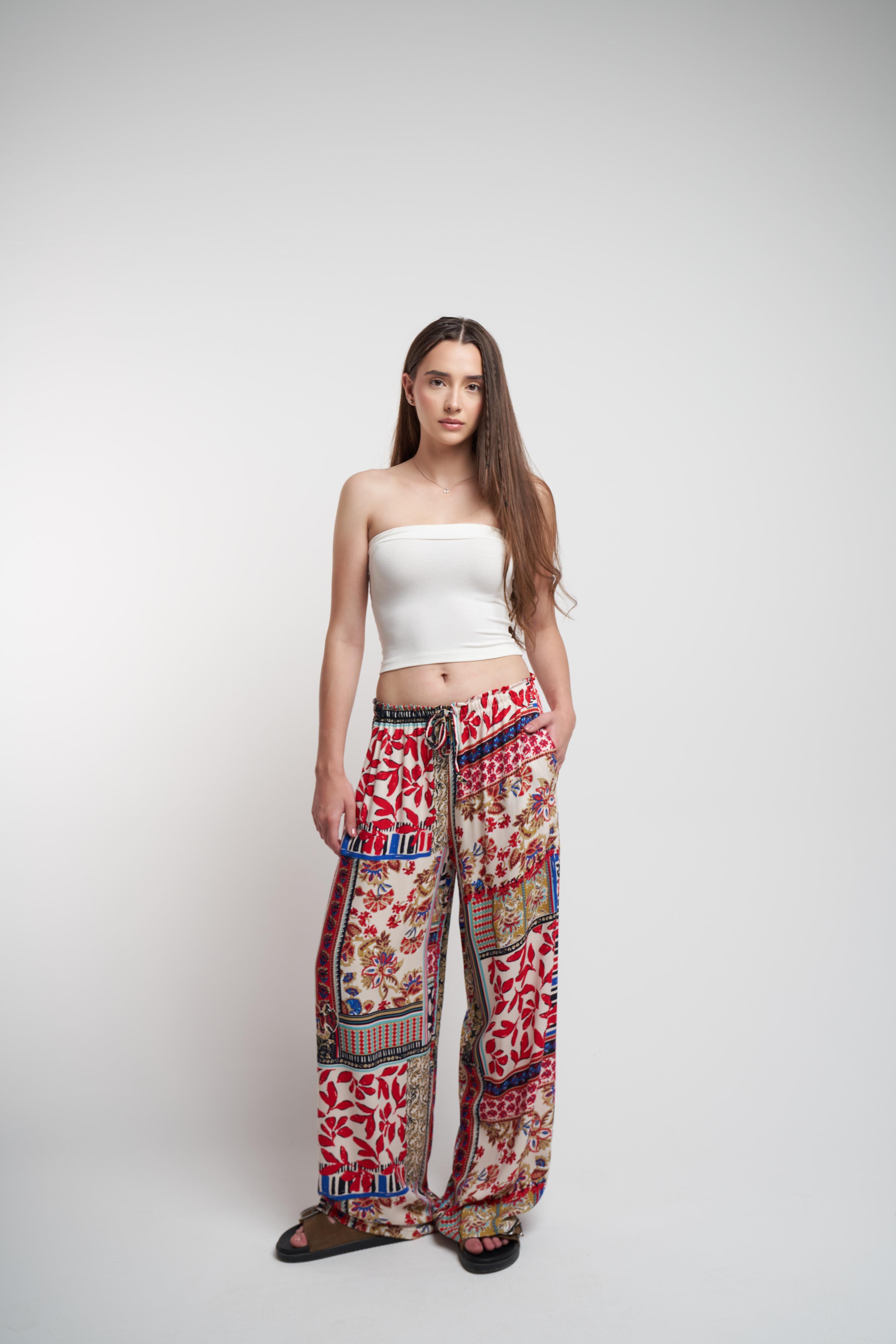 Bel Lastik Desenli Bol Paça Pantolon Kırmızı-Bej