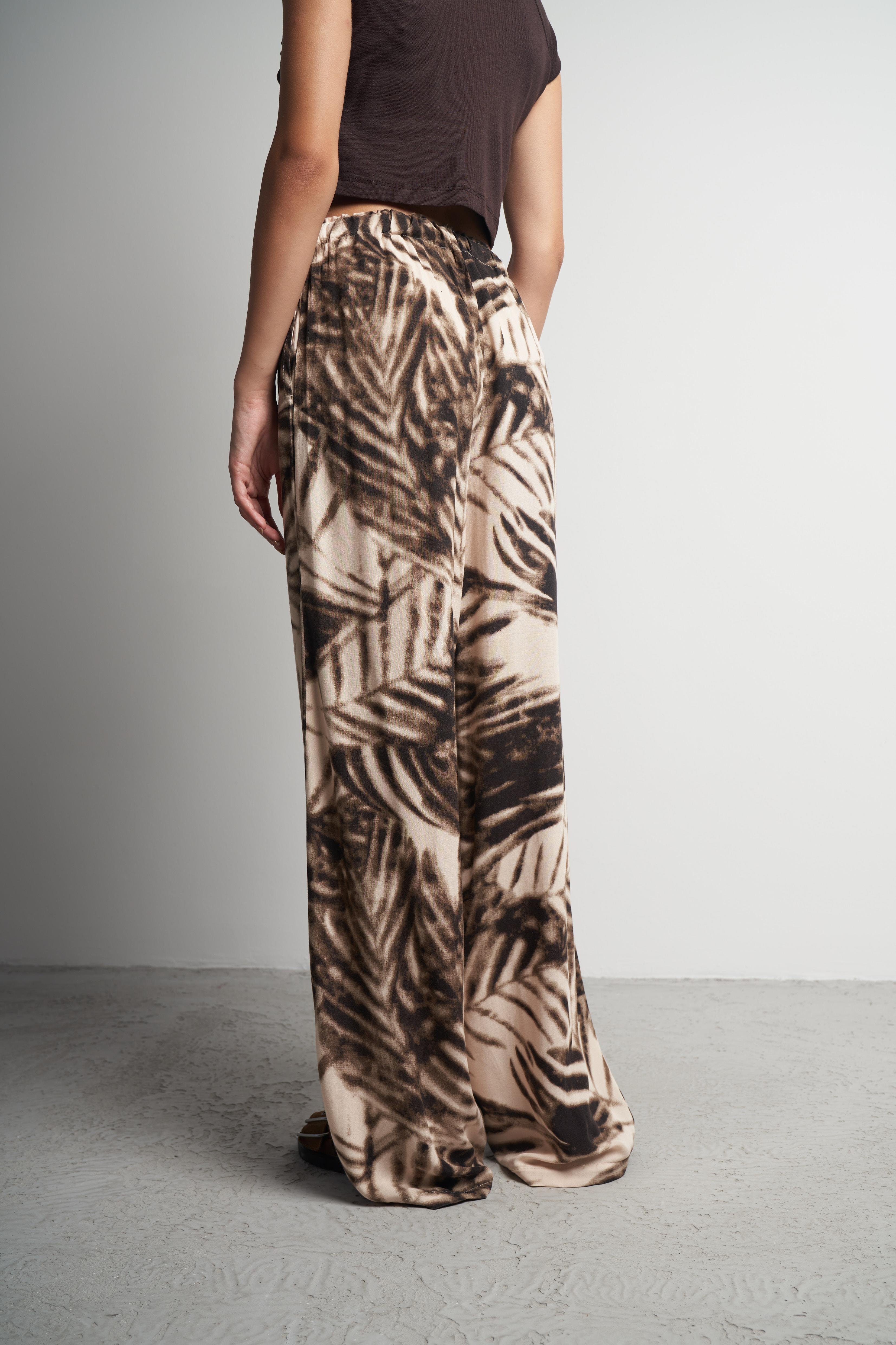 Bel Lastik Desenli Bol Paça Pantolon Kahve