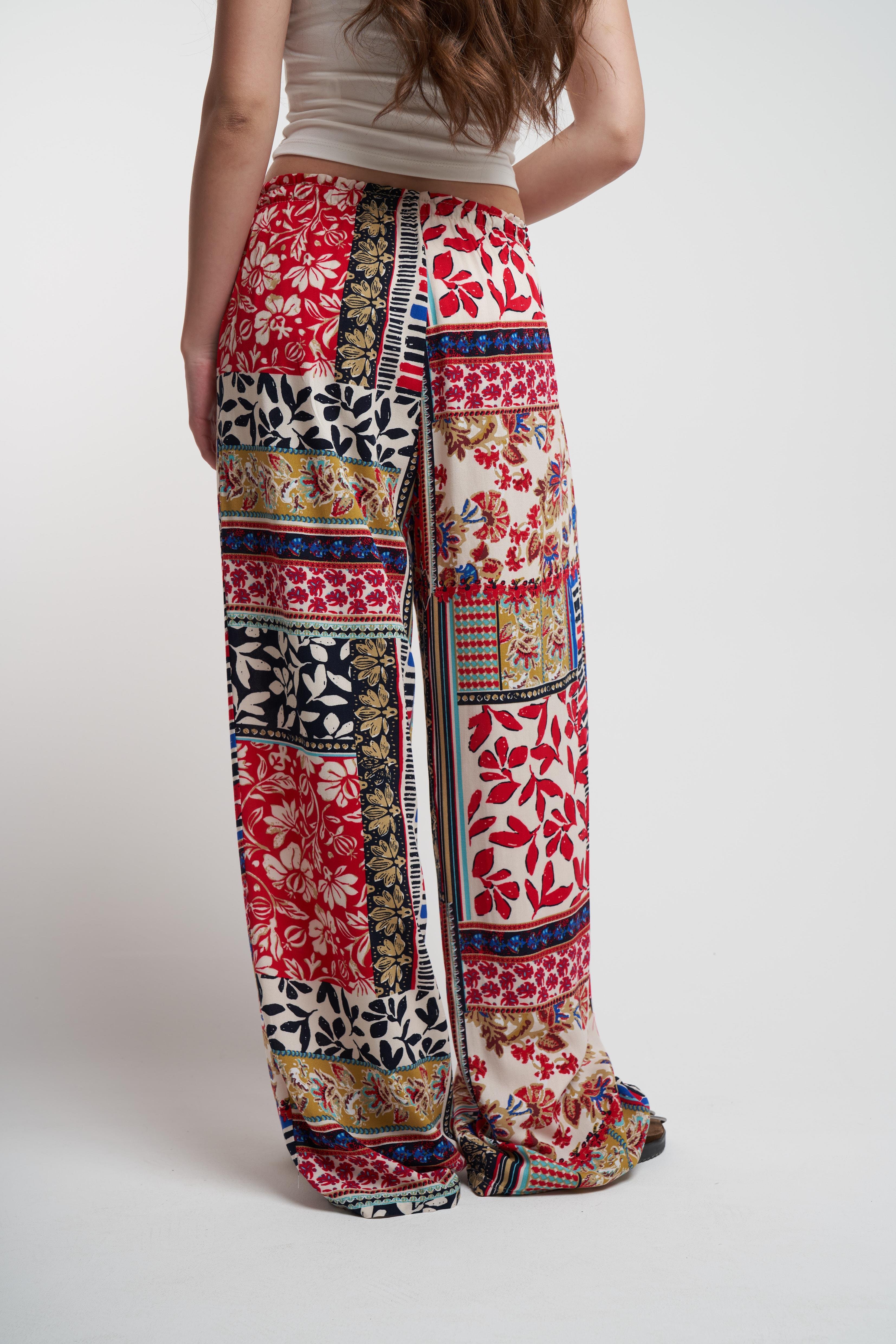 Bel Lastik Desenli Bol Paça Pantolon Kırmızı-Bej