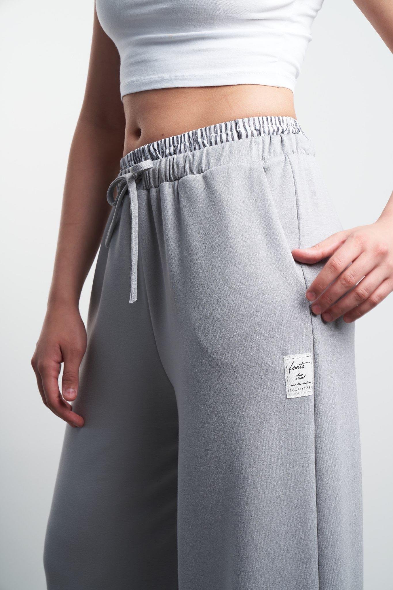 Bel Lastik Detaylı Bol Paça Pantolon Gri