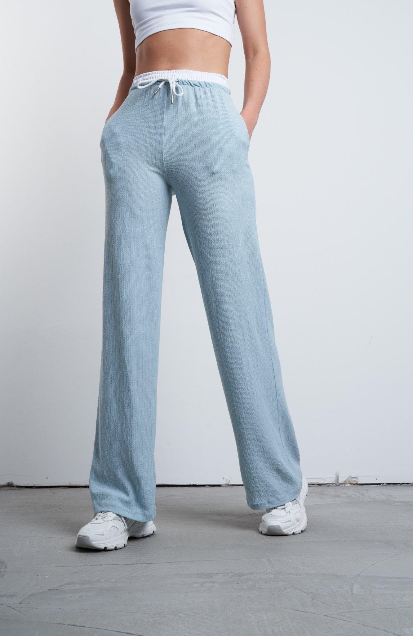 Bel Lastik Detaylı Bol Paça Pantolon Mint Yeşil