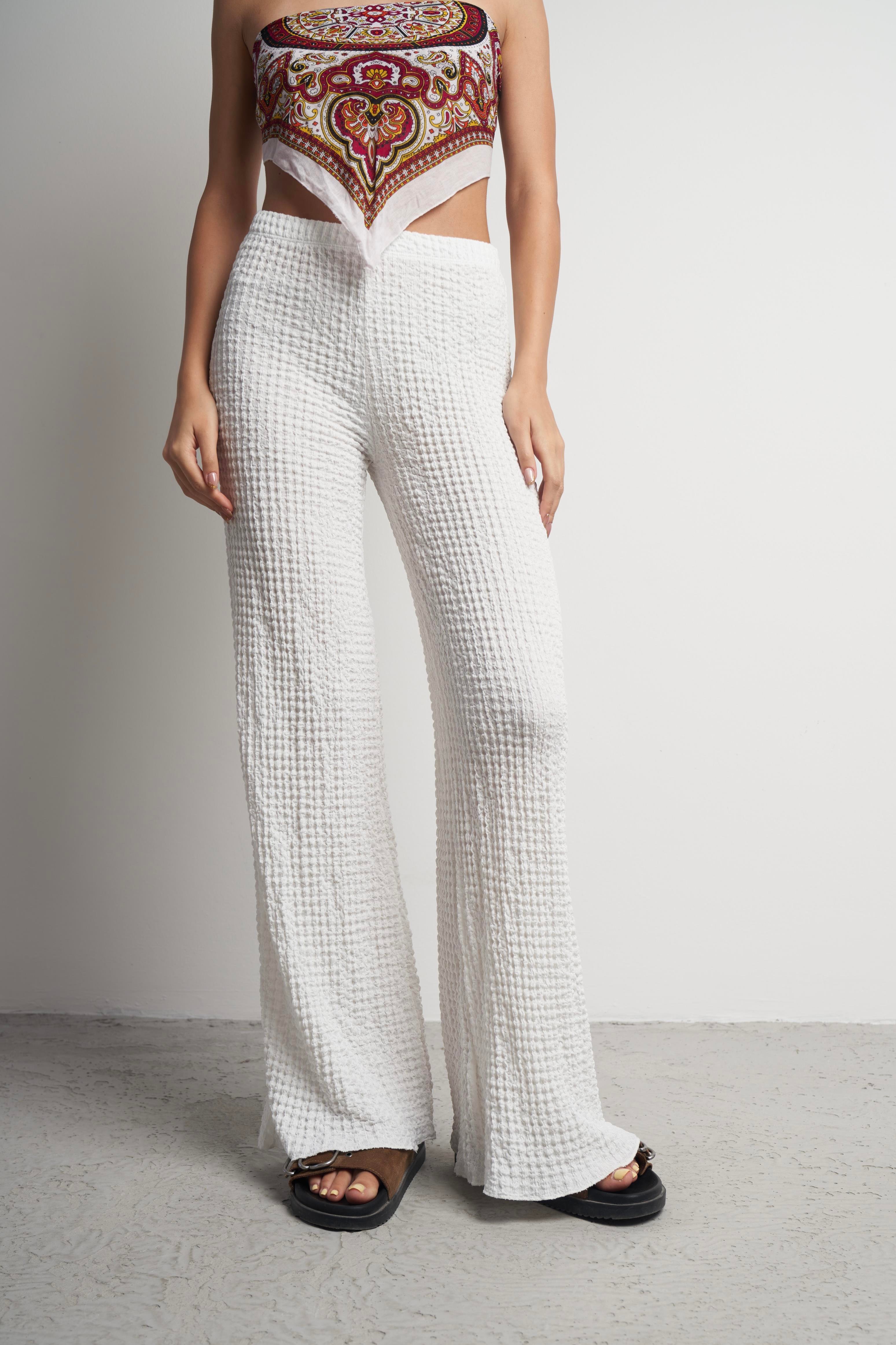 Bel Lastik Gofre Bol Paça Pantolon Ekru