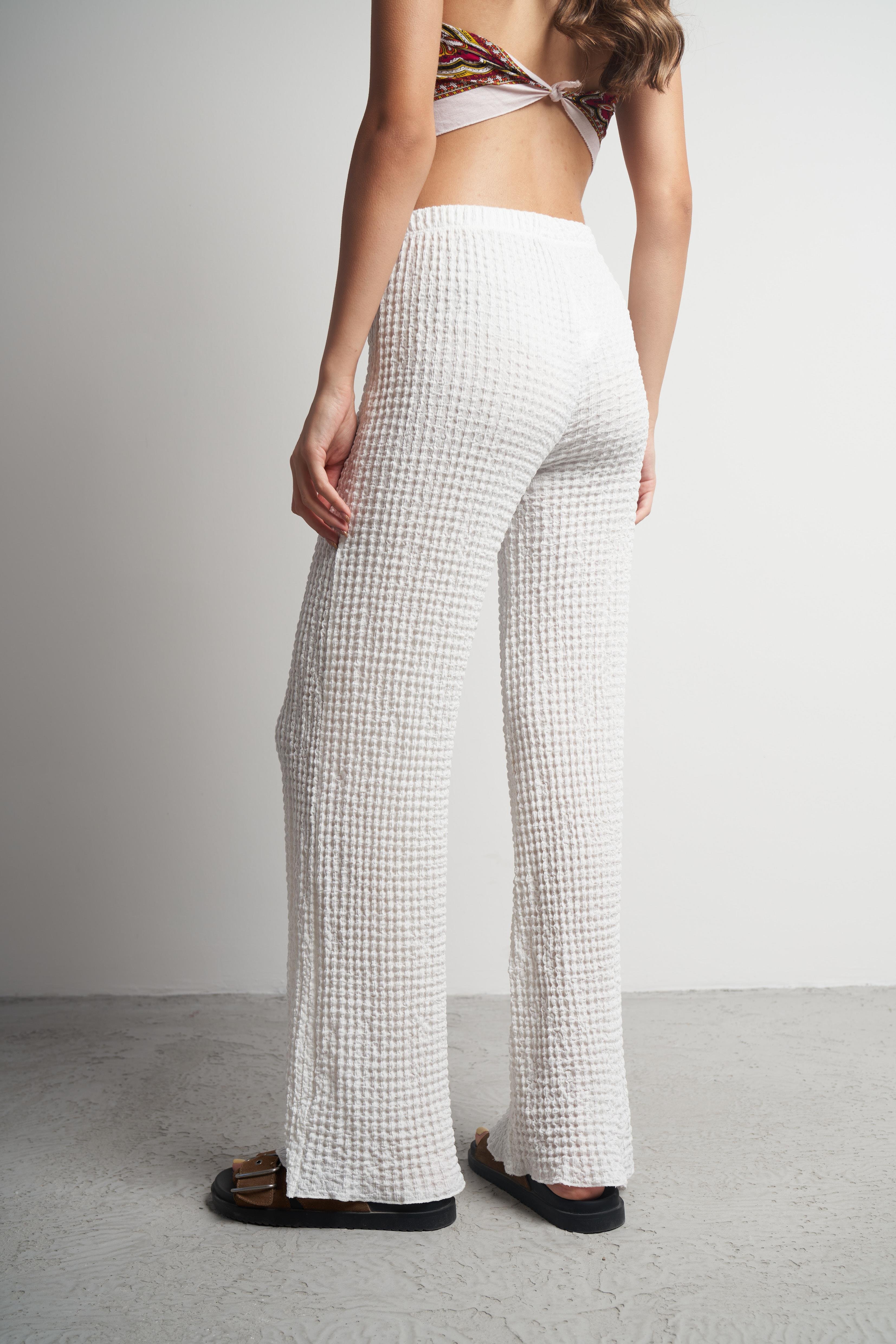 Bel Lastik Gofre Bol Paça Pantolon Ekru