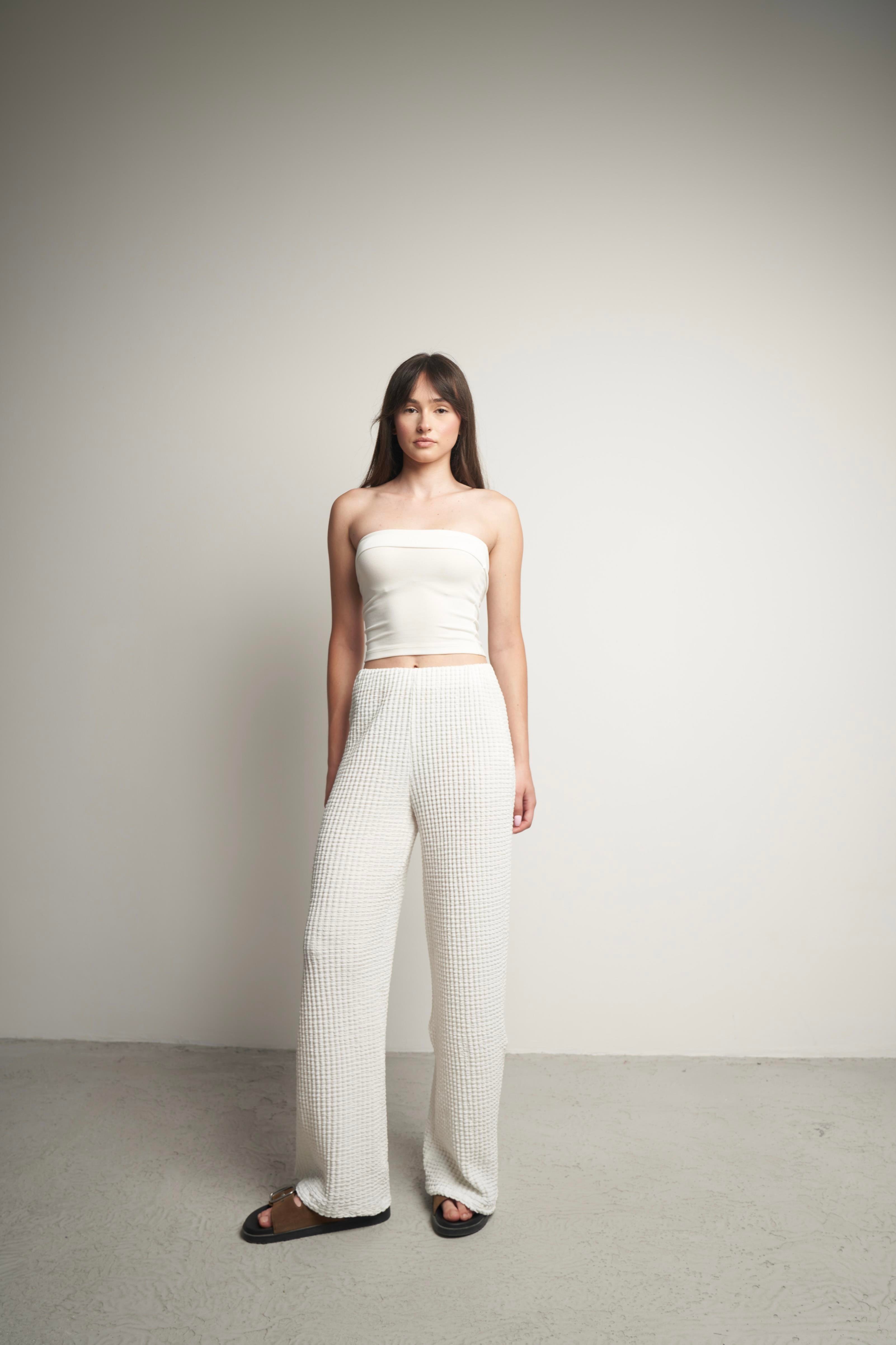 Bel Lastik Gofre Bol Paça Pantolon Ekru