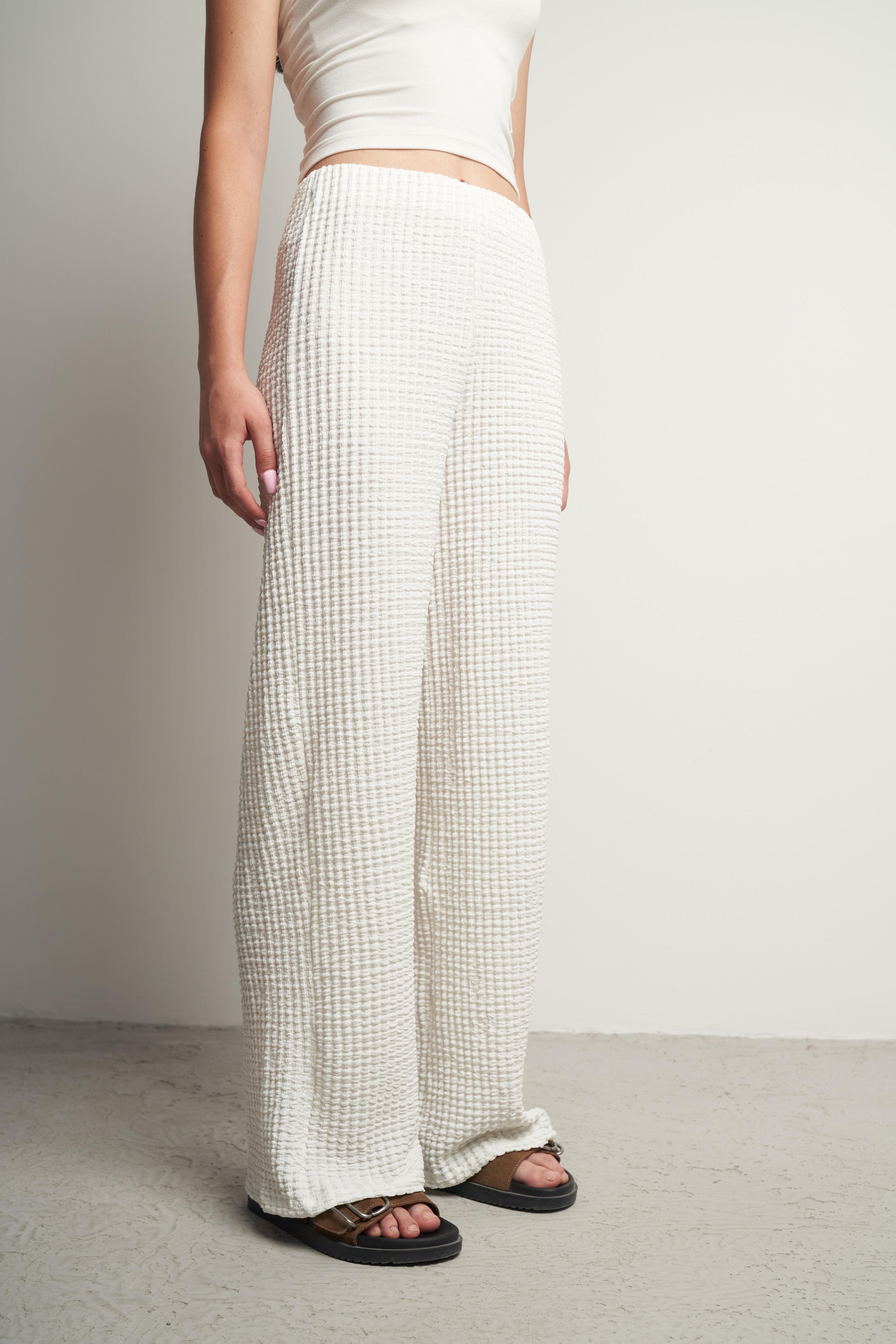 Bel Lastik Gofre Bol Paça Pantolon Ekru