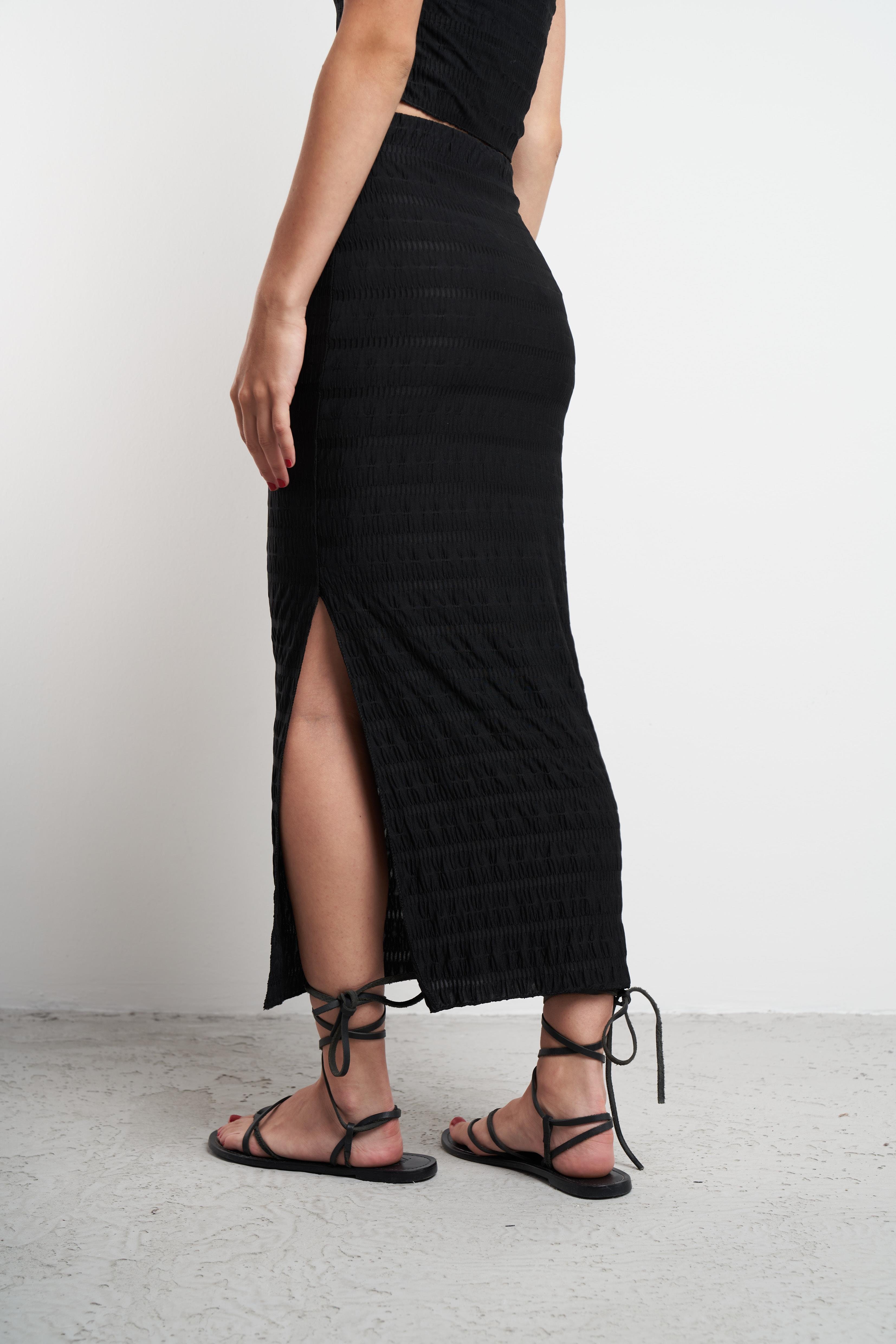 Bel Lastik Kabartma Desenli Etek Siyah