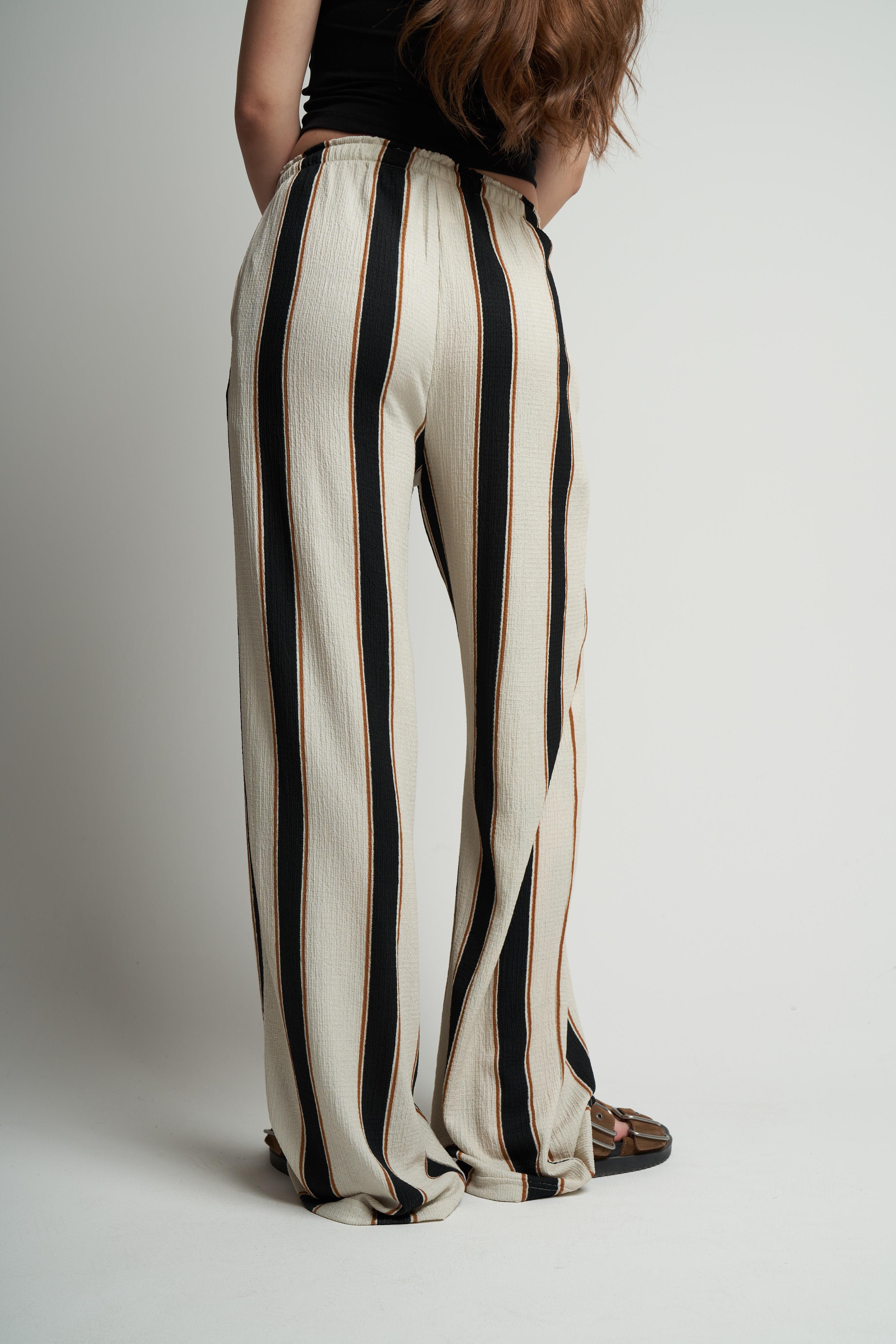 Bel Lastik Şerit Detaylı Bol Paça Pantolon Krem-Siyah