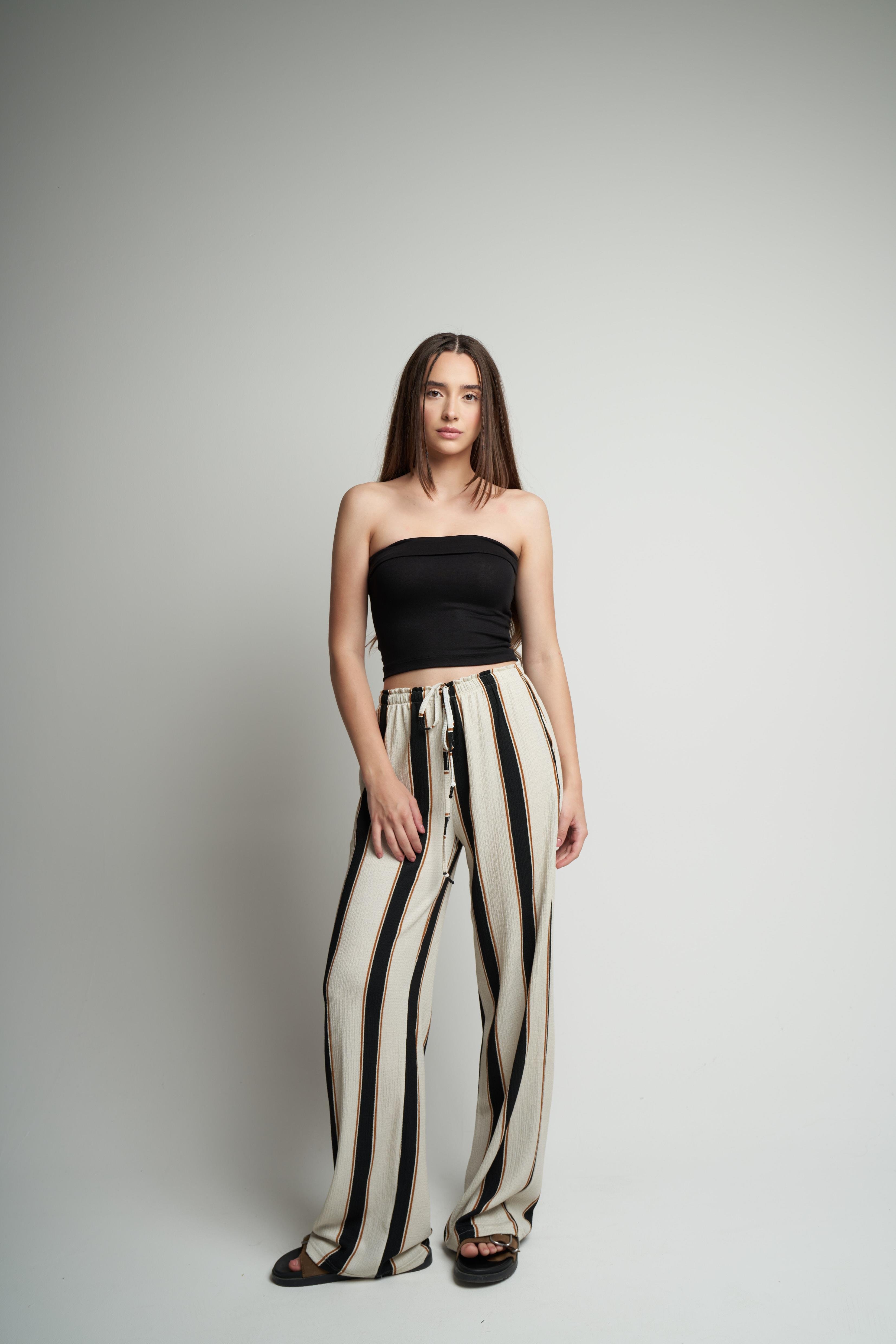 Bel Lastik Şerit Detaylı Bol Paça Pantolon Krem-Siyah