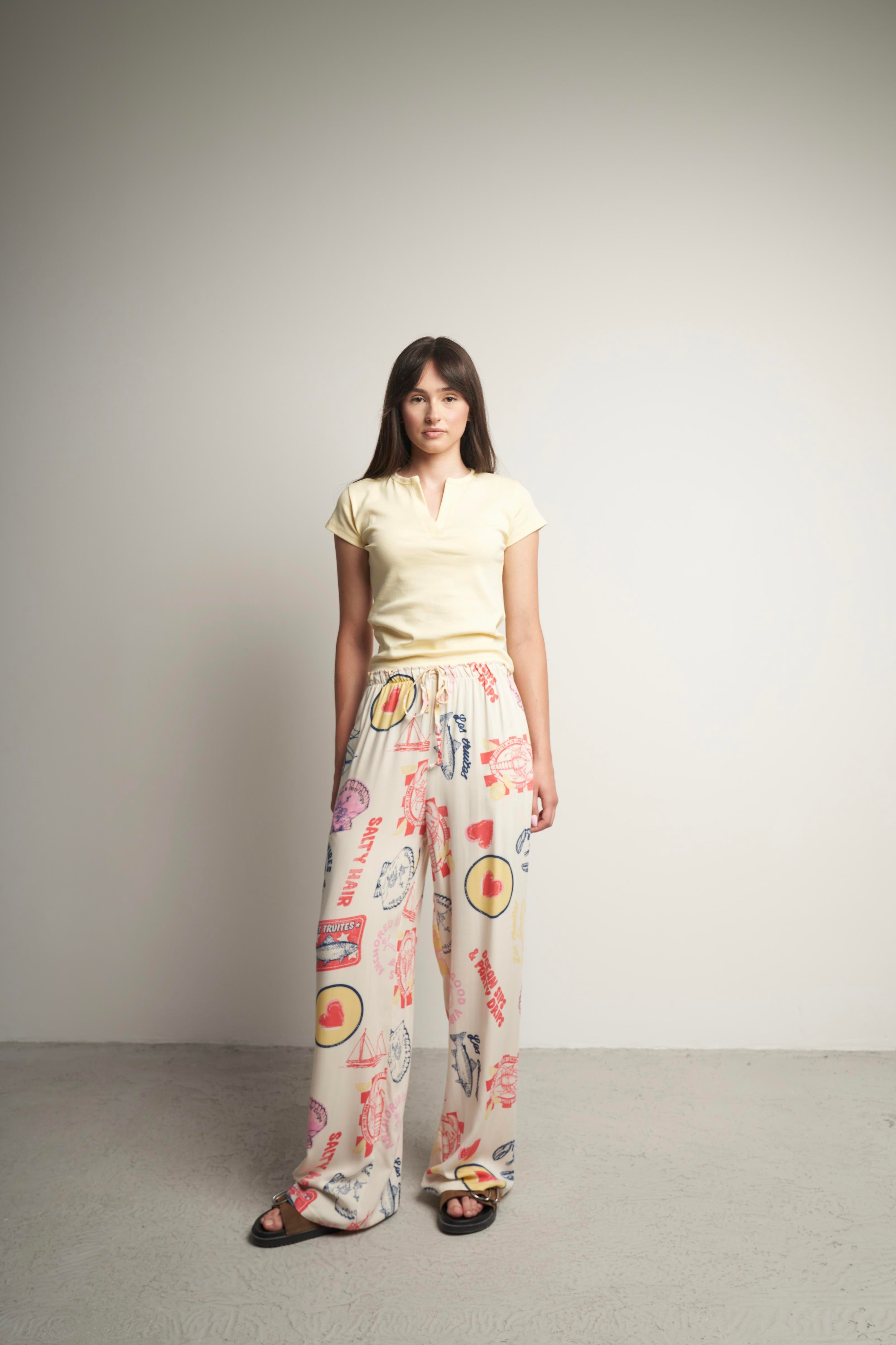 Bel Lastik Summer Desen Bol Paça Pantolon Bej-Kırmızı