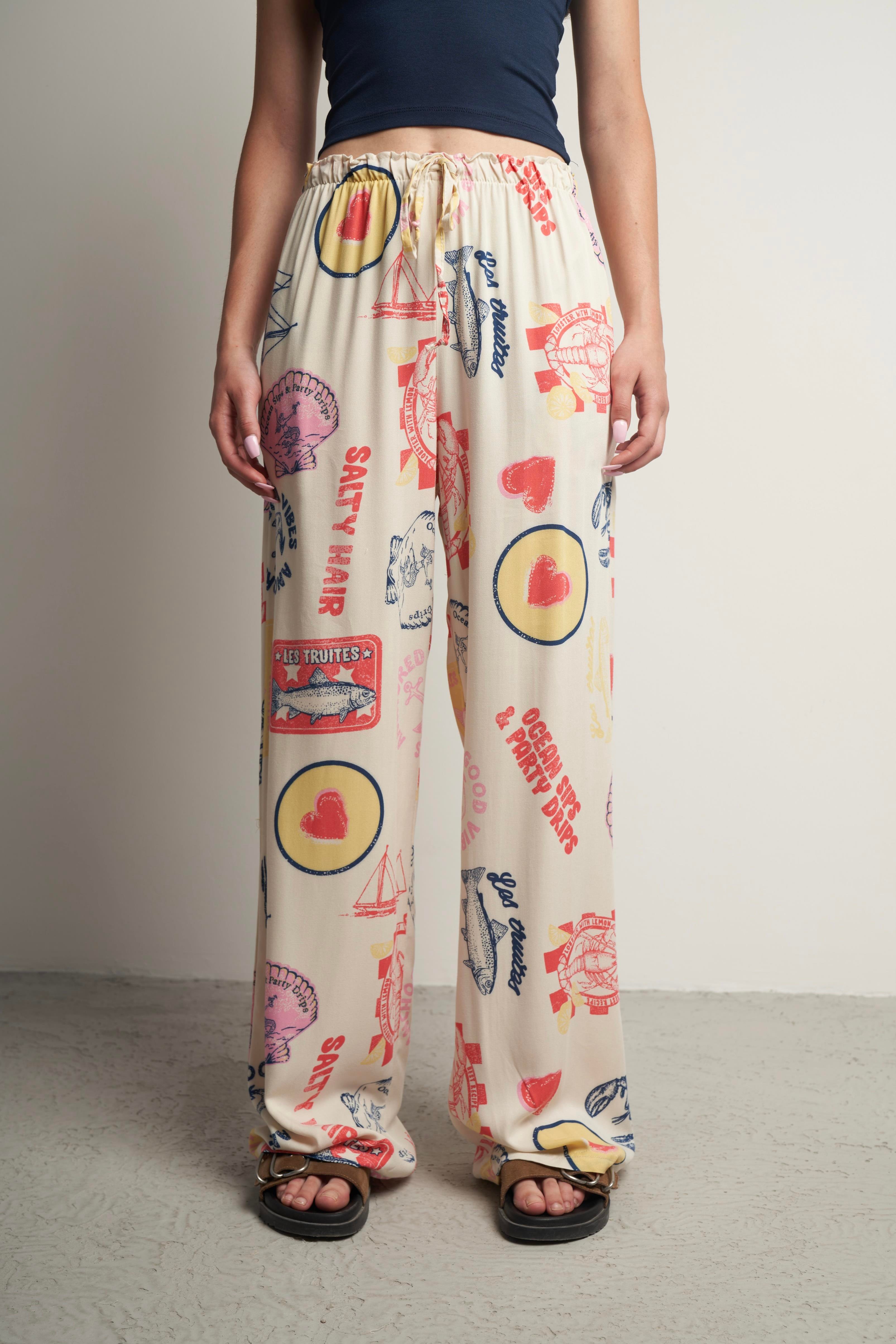 Bel Lastik Summer Desen Bol Paça Pantolon Bej-Kırmızı