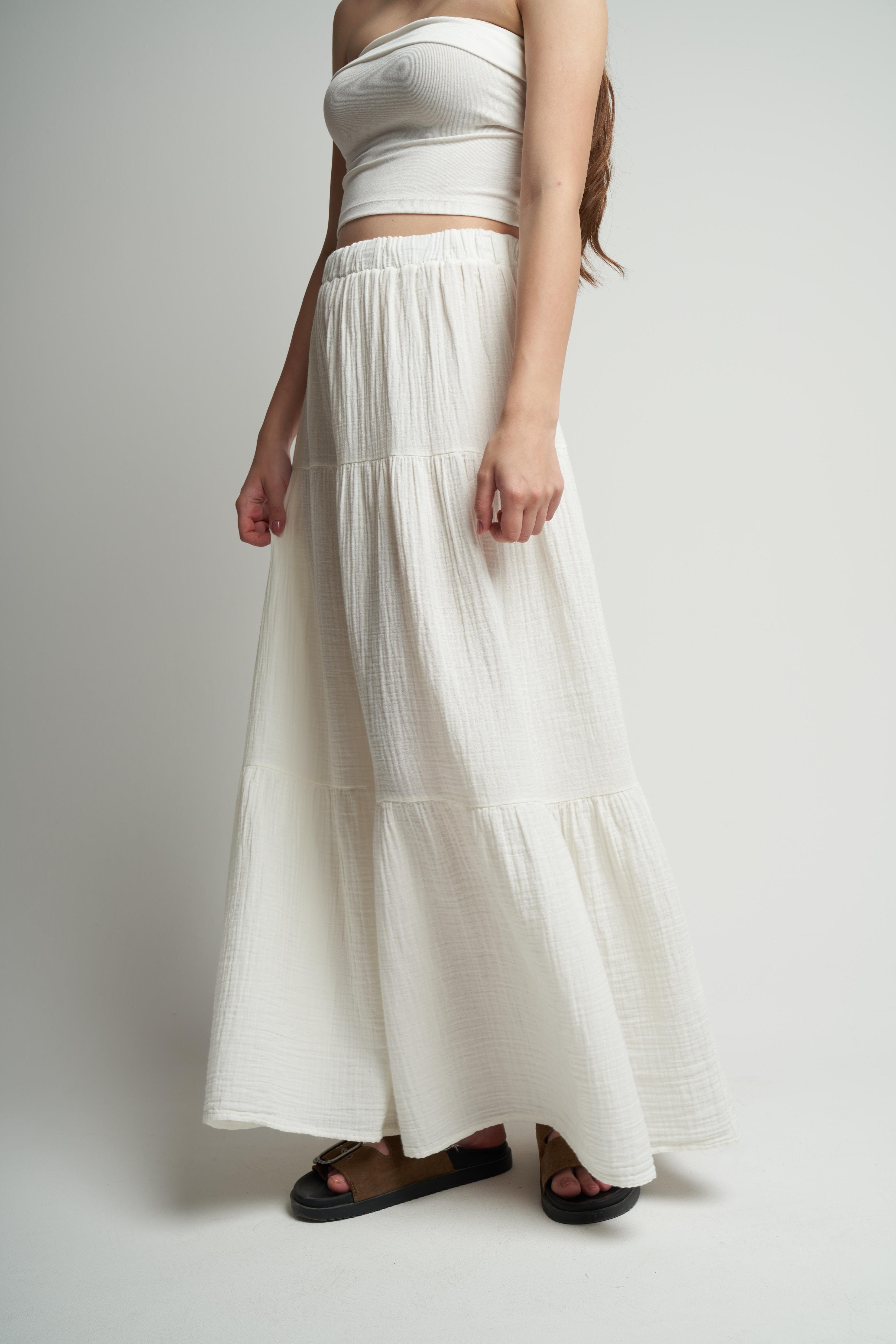 Bel Lastik Uzun Etek Ekru