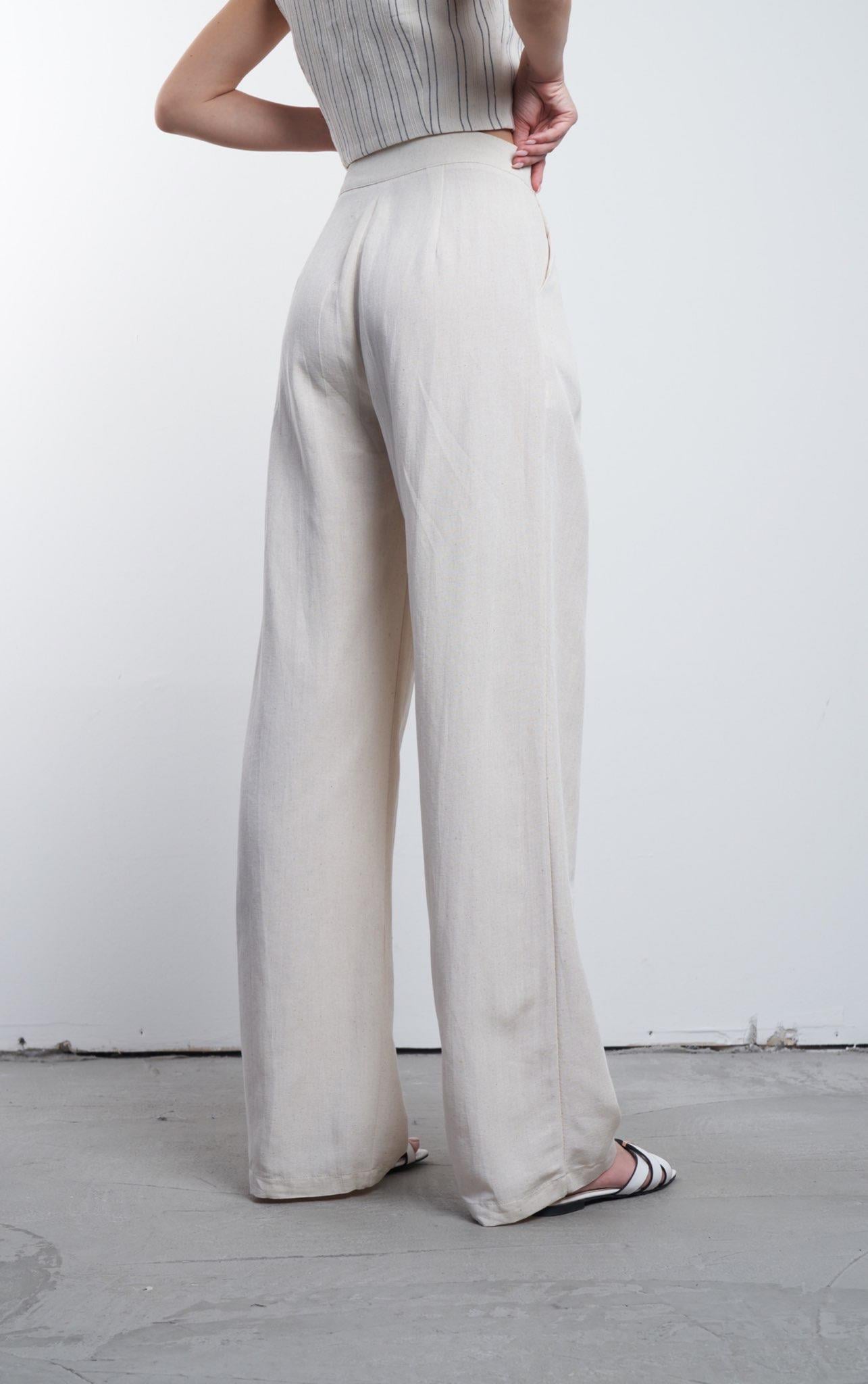 Bel Pile Detaylı Bol Paça Pantolon Natural