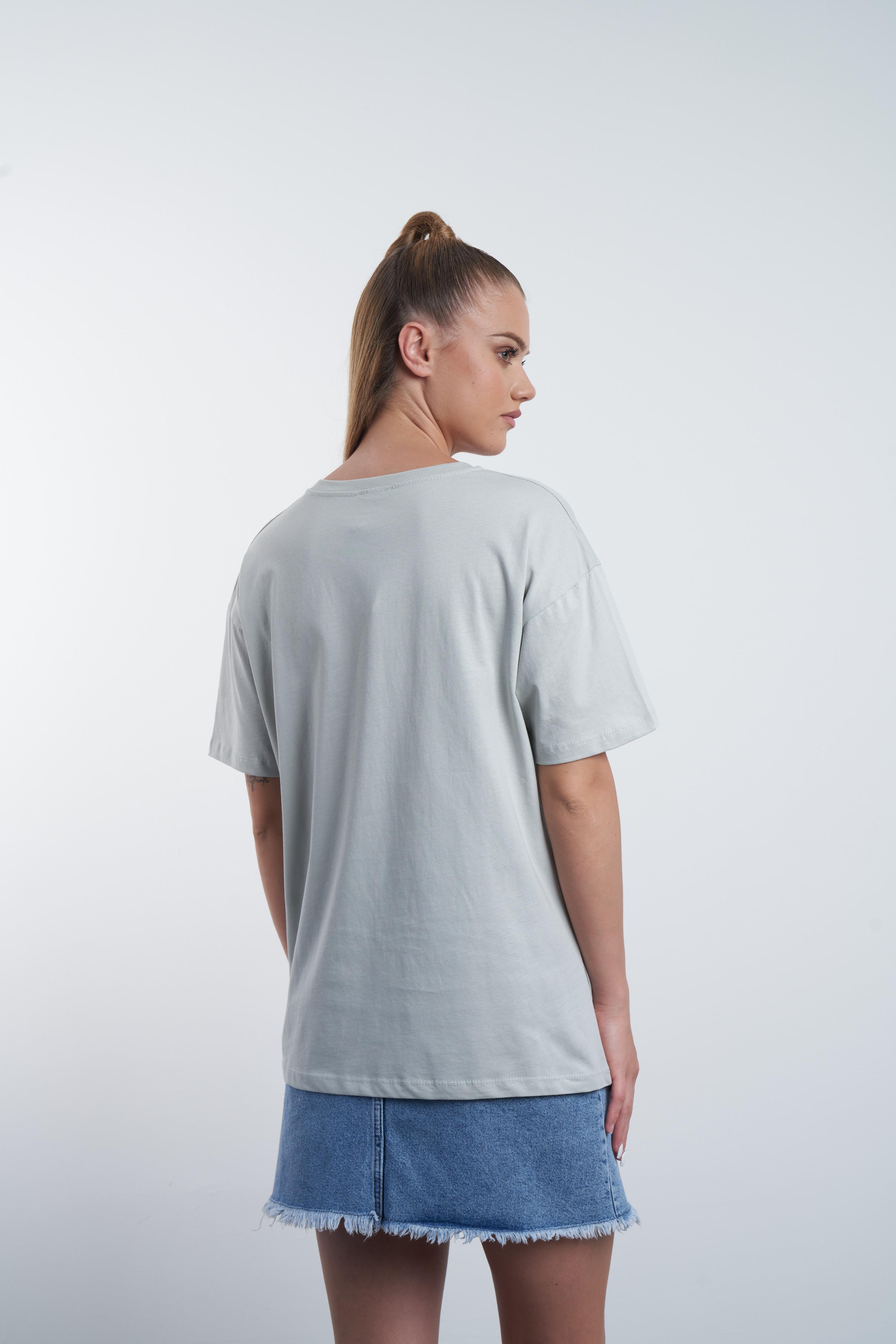 Bereli Kız Nakış Baskılı T-shirt Açık Gri