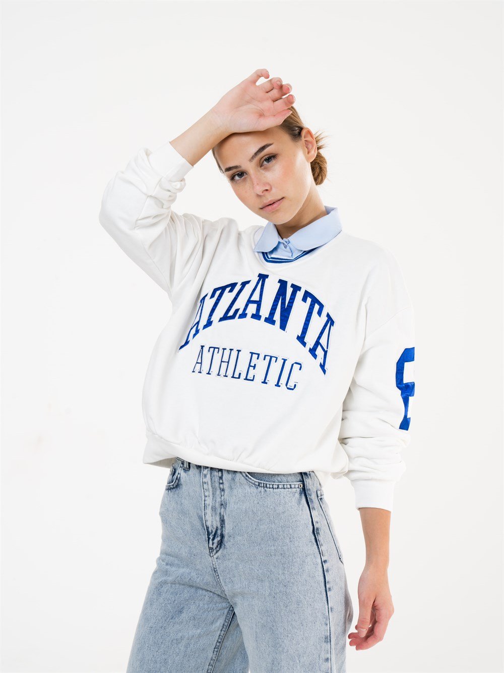Bisiklet Yaka Atlanta Yazı Baskılı Kısa Sweatshirt