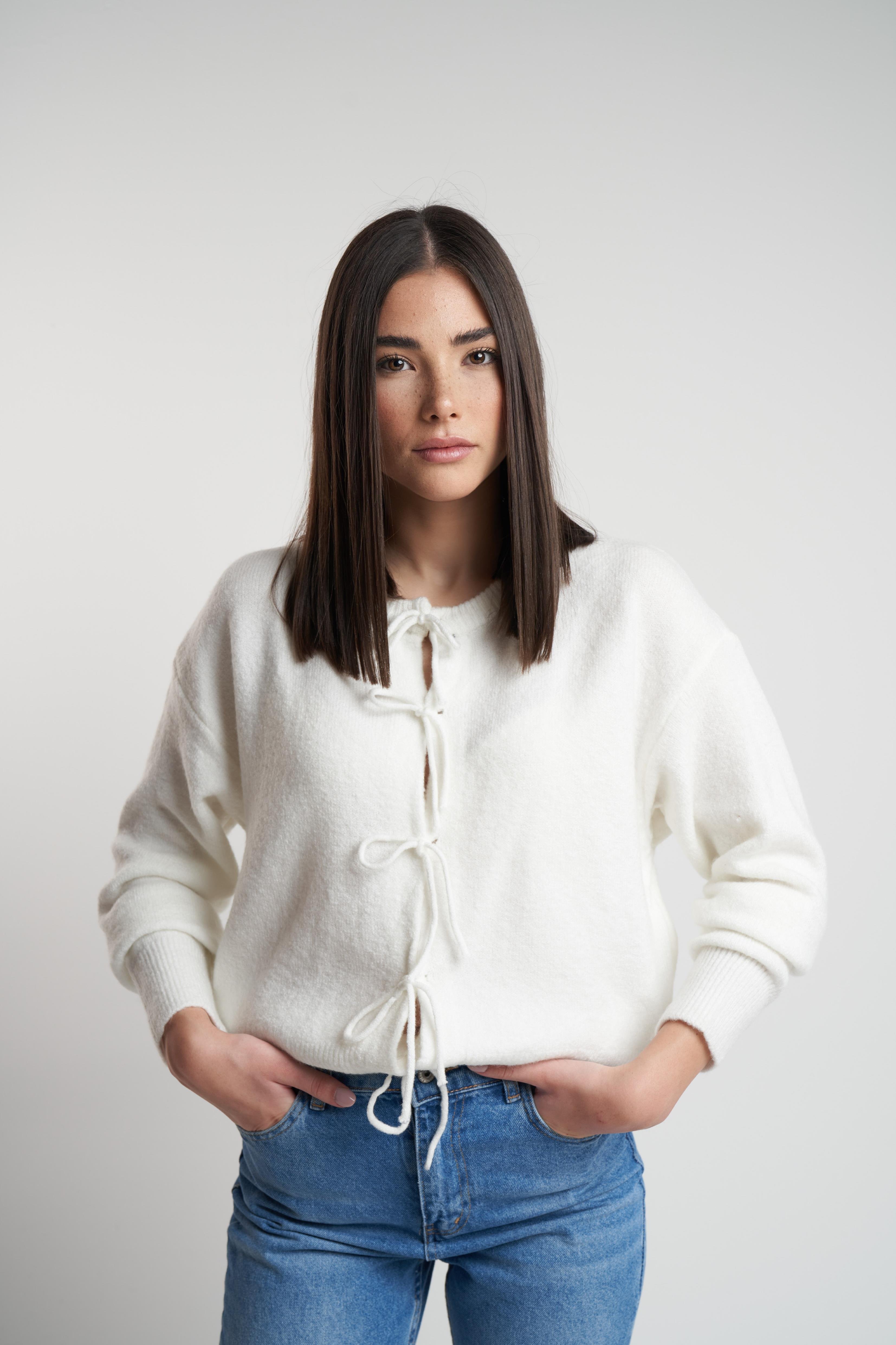 Bisiklet Yaka Bağlama Detaylı Kısa Hırka Ekru