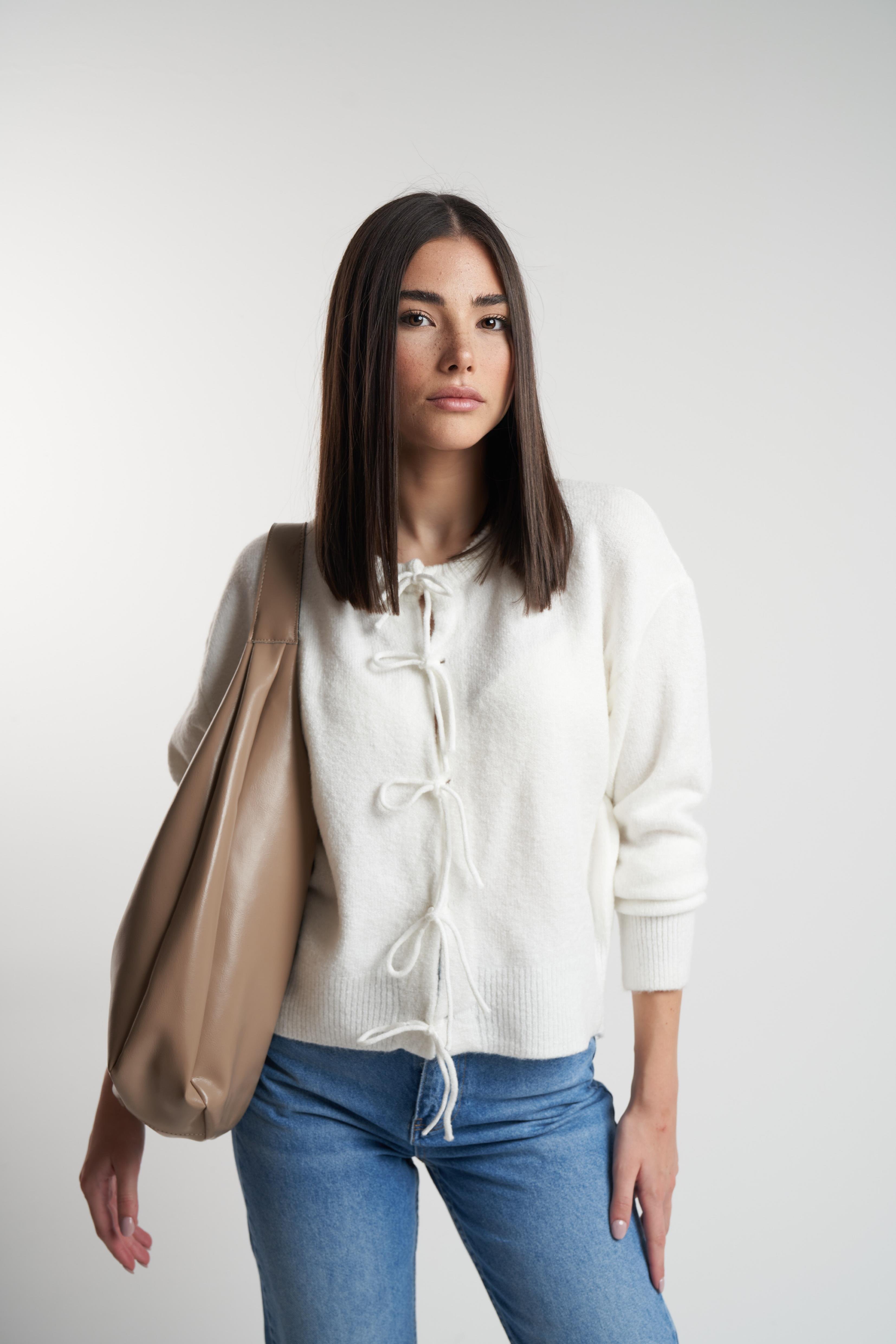 Bisiklet Yaka Bağlama Detaylı Kısa Hırka Ekru