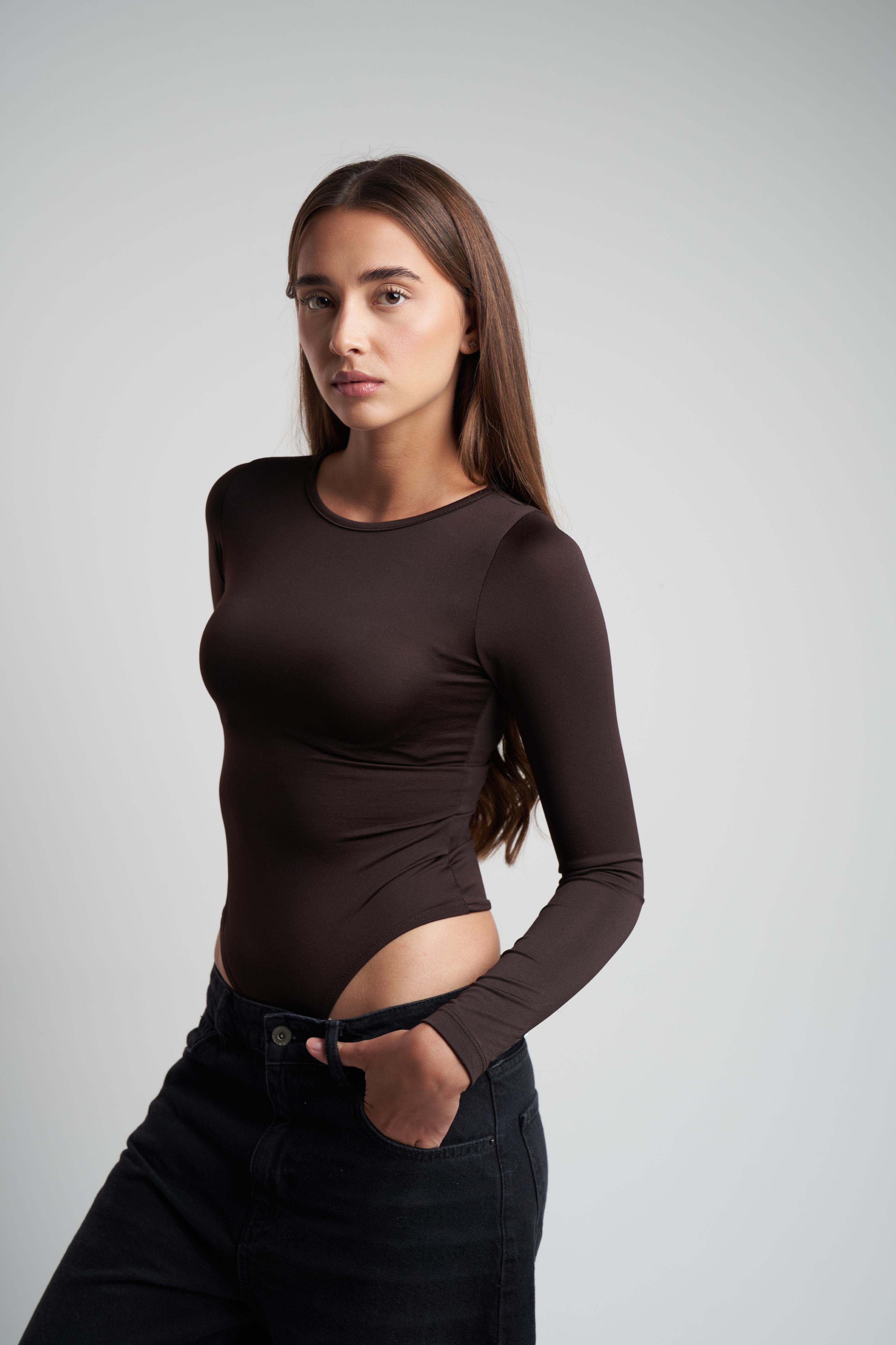 Bisiklet Yaka Basic Bodysuit Kahve